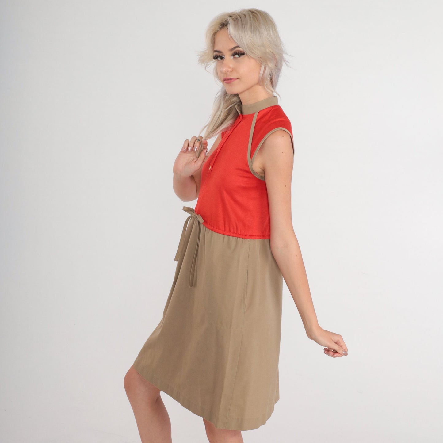 80s Red Tan Colorblock Mini Shirtdress Button-Up Bow Waist Extra Small