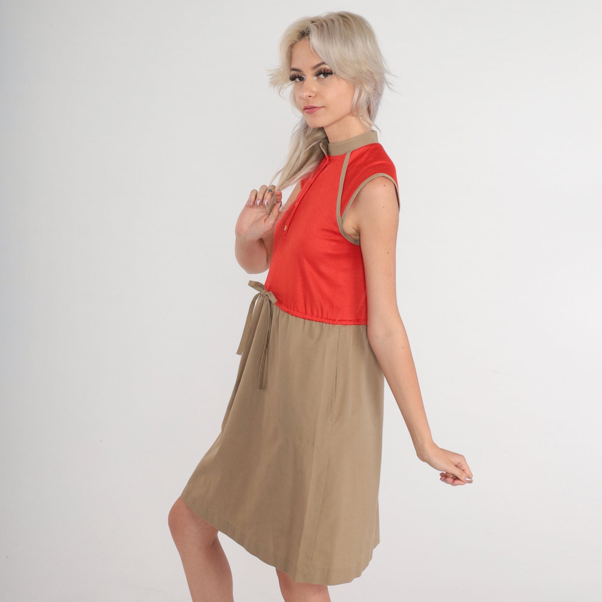 80s Red Tan Colorblock Mini Shirtdress Button-Up Bow Waist Extra Small