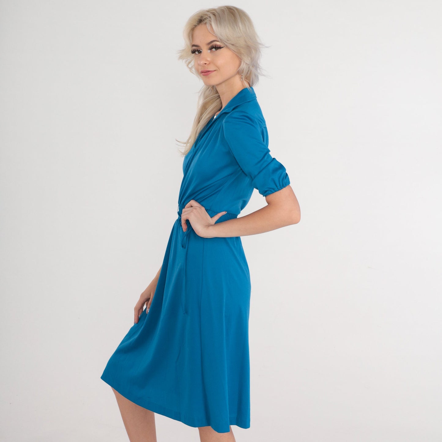 70s Blue Midi Dress Puff Sleeve High Waist Collared V-Neck Extra Small