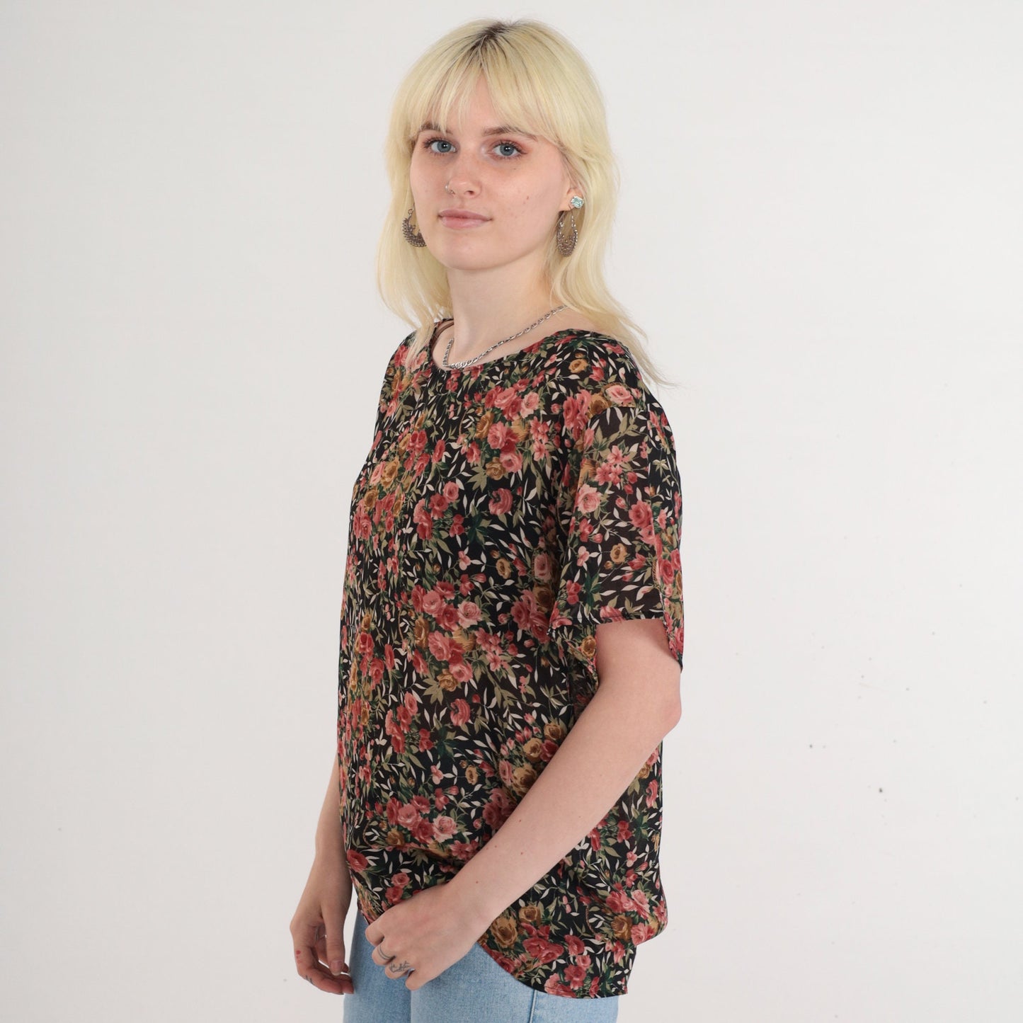 90s Black Floral Rose Print Blouse Short Sleeve Top Large L