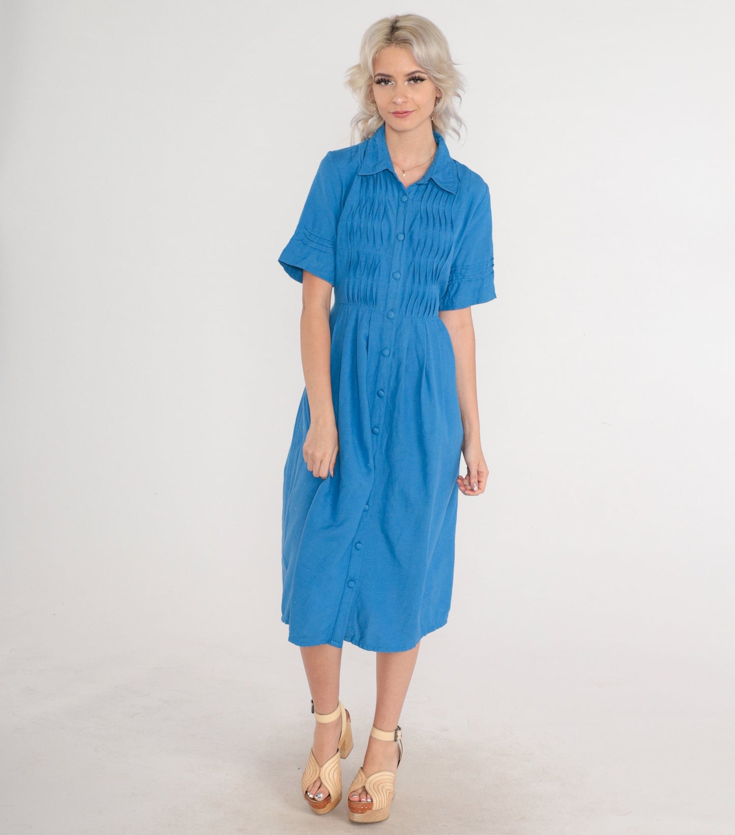 90s Coldwater Creek Blue Midi Shirtdress Pleated High Waisted Small S