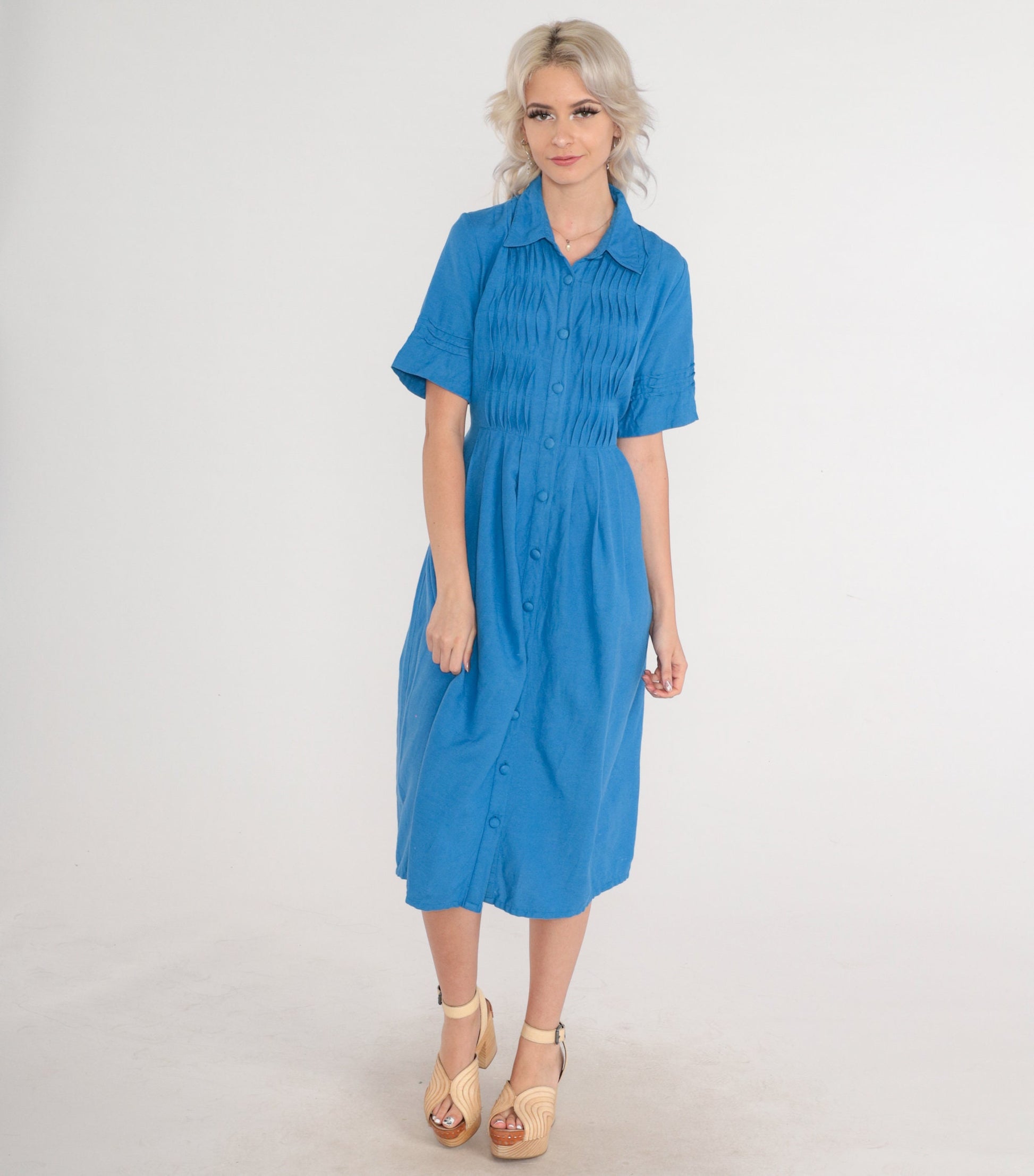 90s Coldwater Creek Blue Midi Shirtdress Pleated High Waisted Small S
