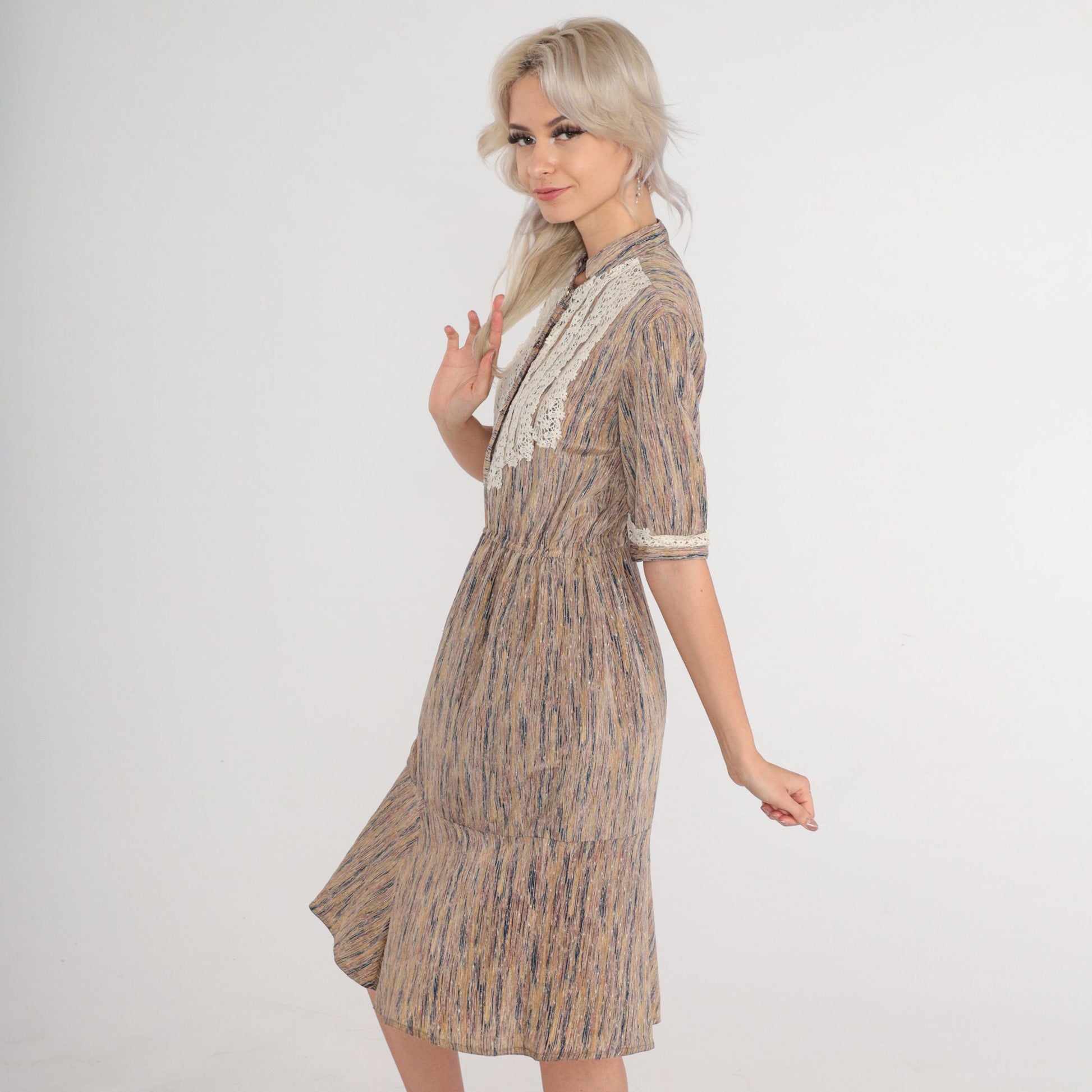 70s Crochet Bib Midi Dress Striped Earth Tone High Neck Puff Sleeve Small