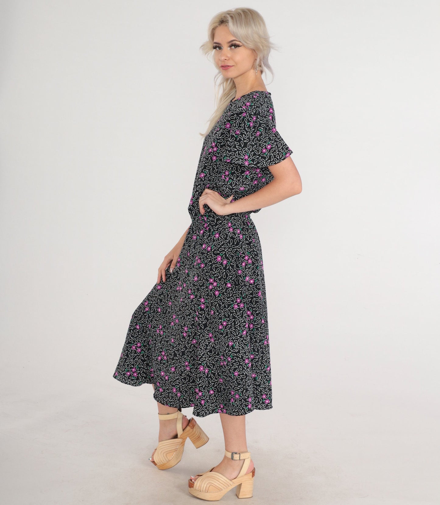 80s Black Paisley Floral Midi Dress Flutter Sleeve Keyhole Back Medium