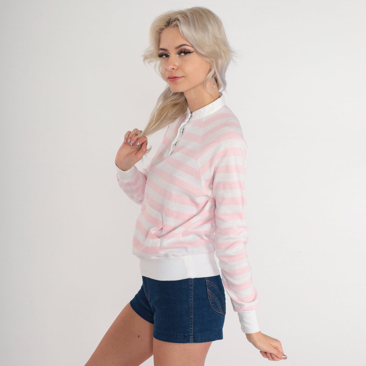 80s Pink White Striped Henley Sweatshirt Kangaroo Pocket Snap Pullover Extra Small
