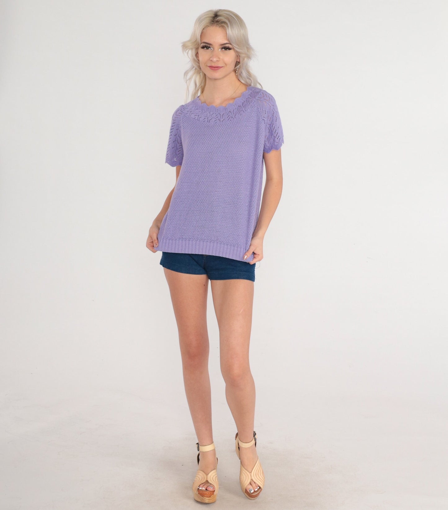 80s Purple Pointelle Knit Top Scalloped Short Sleeve Blouse Medium