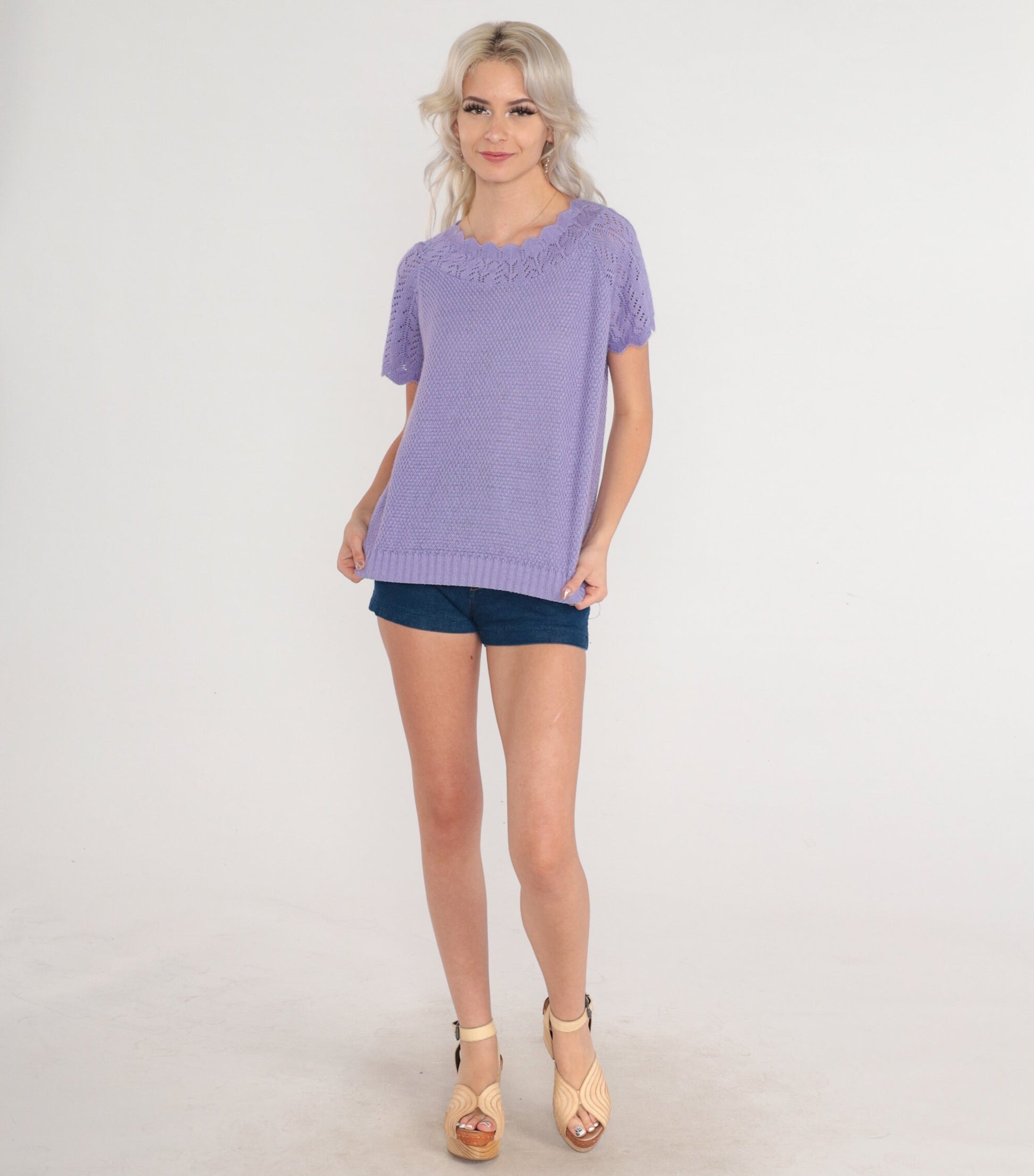 80s Purple Pointelle Knit Top Scalloped Short Sleeve Blouse Medium