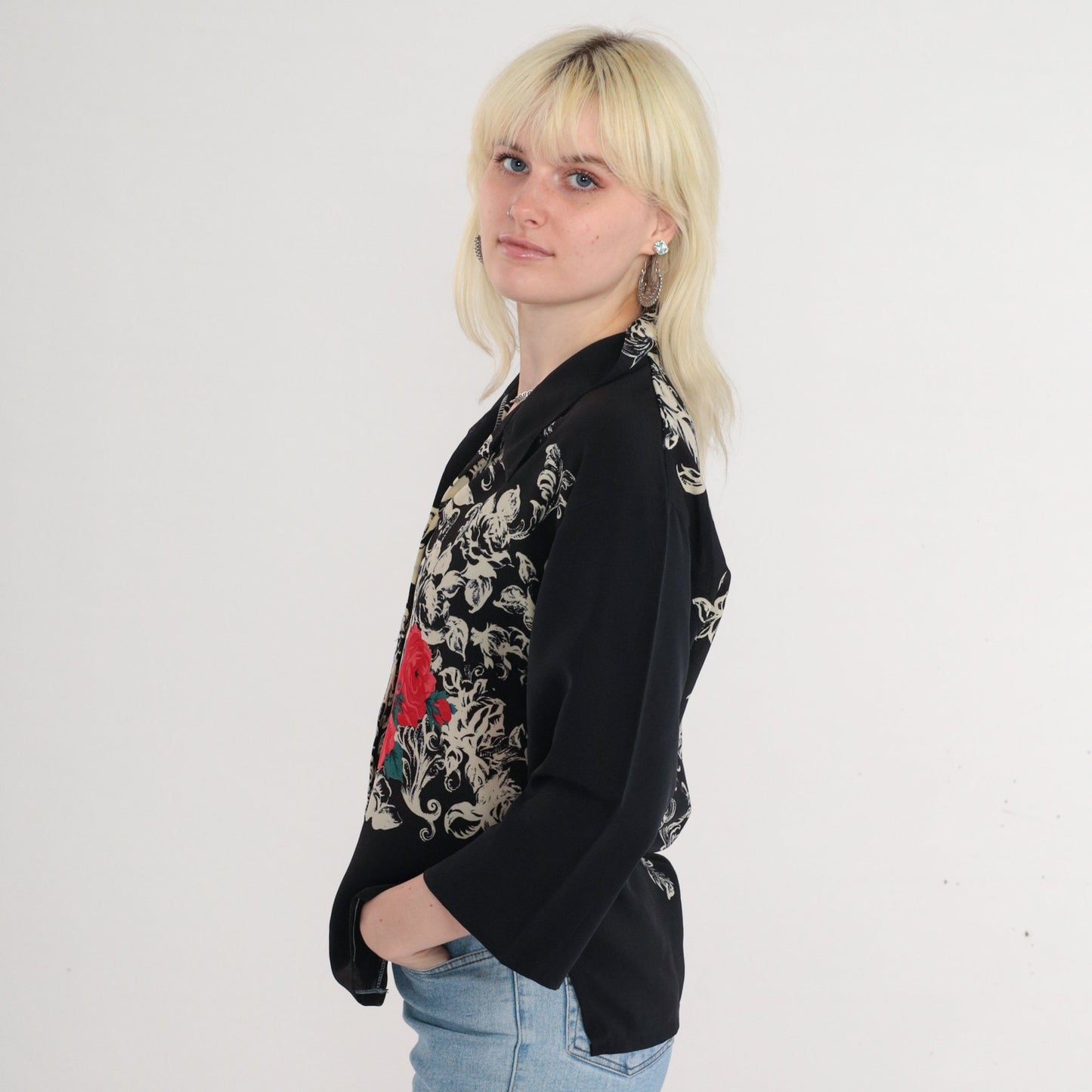 80s Black Floral Rose Print Button-Up Blouse 3/4 Sleeve Collared Medium