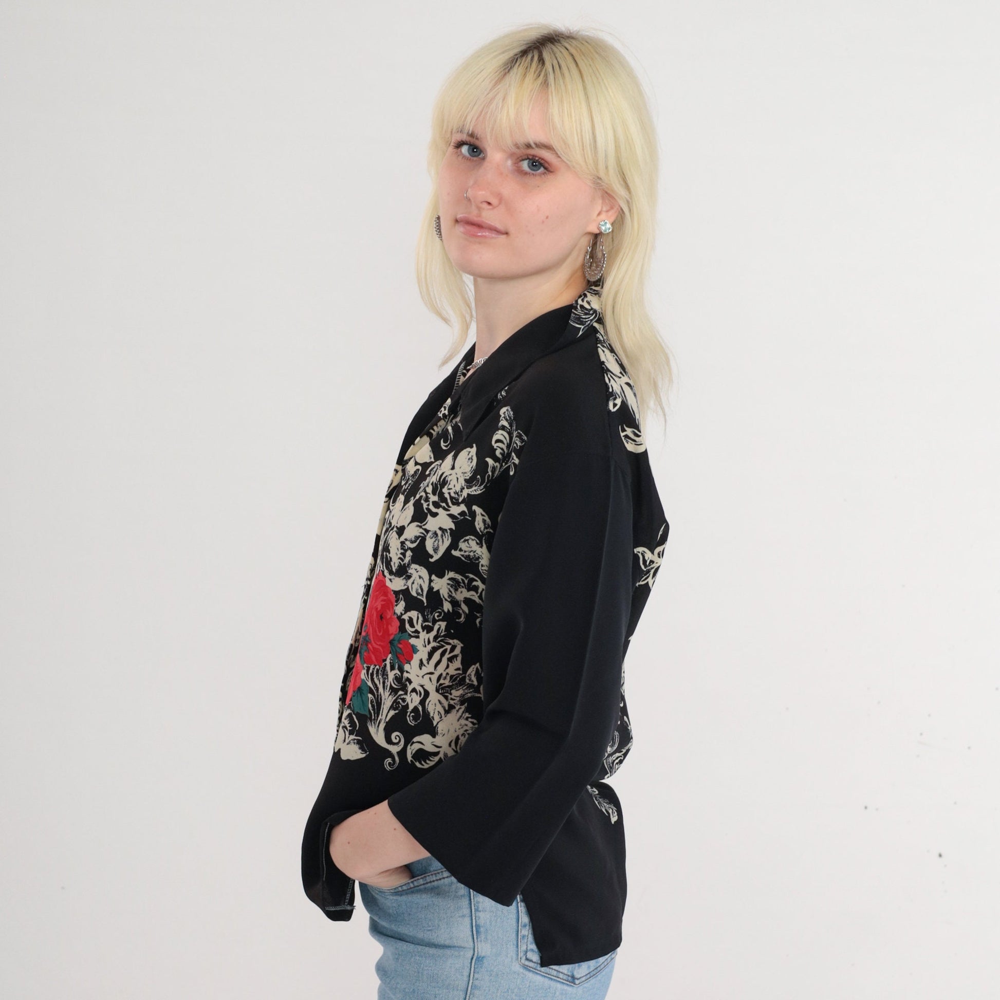 80s Black Floral Rose Print Button-Up Blouse 3/4 Sleeve Collared Medium