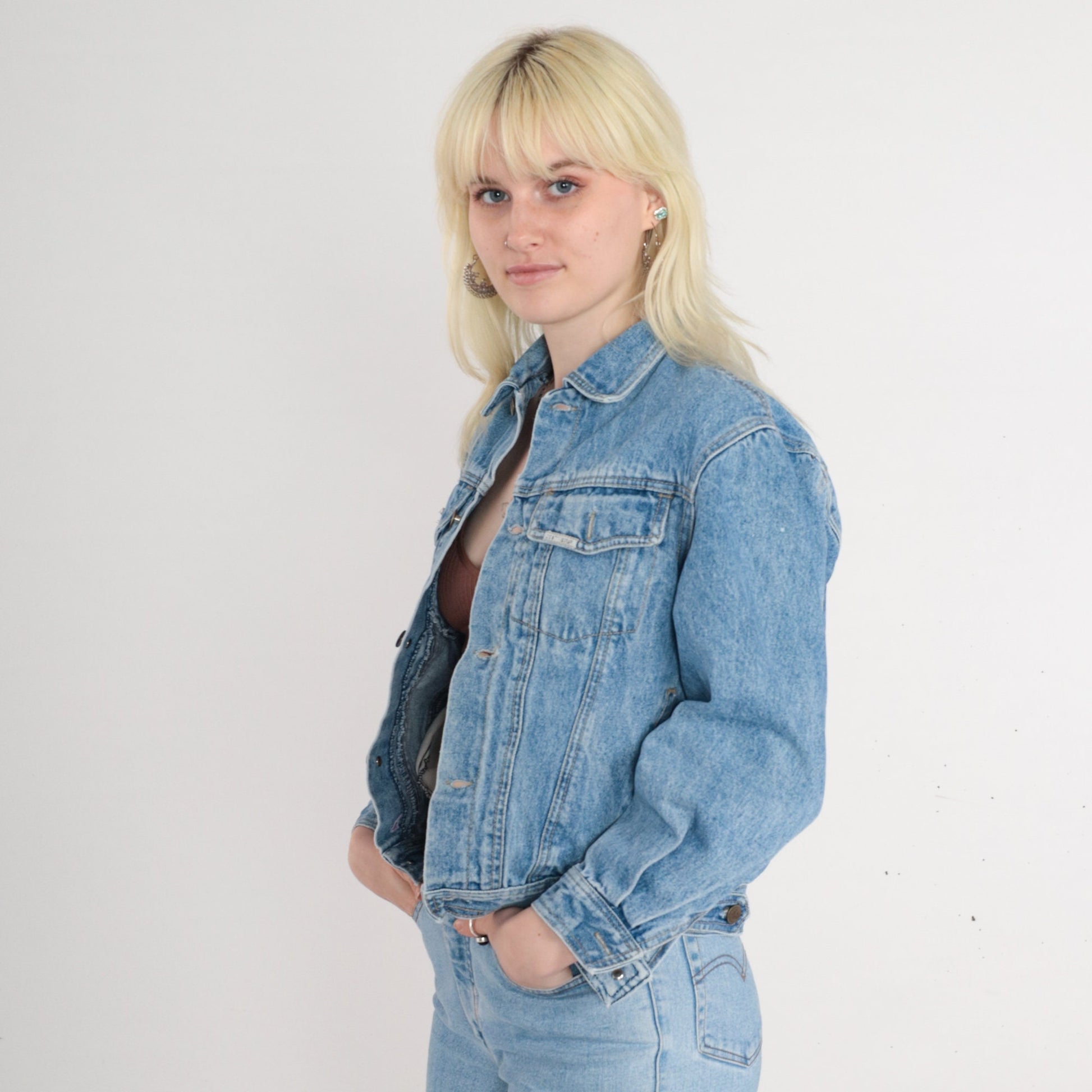 80s Blue Denim Jacket Button-Up Trucker Coat Extra Small XS