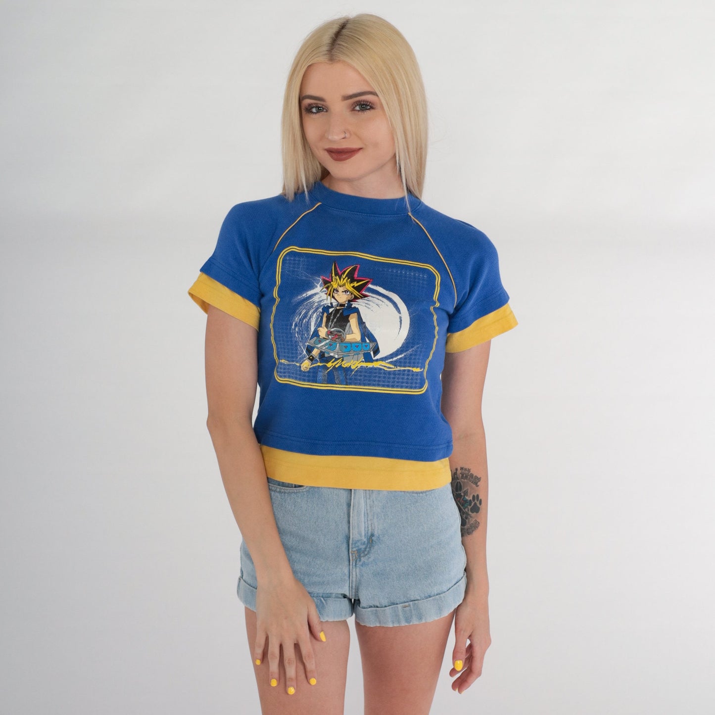 90s Yu-Gi-Oh Crop Top Raglan Graphic Tee Blue Yellow 2XS