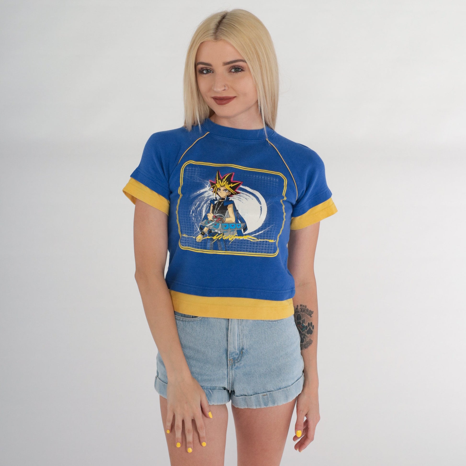 90s Yu-Gi-Oh Crop Top Raglan Graphic Tee Blue Yellow 2XS