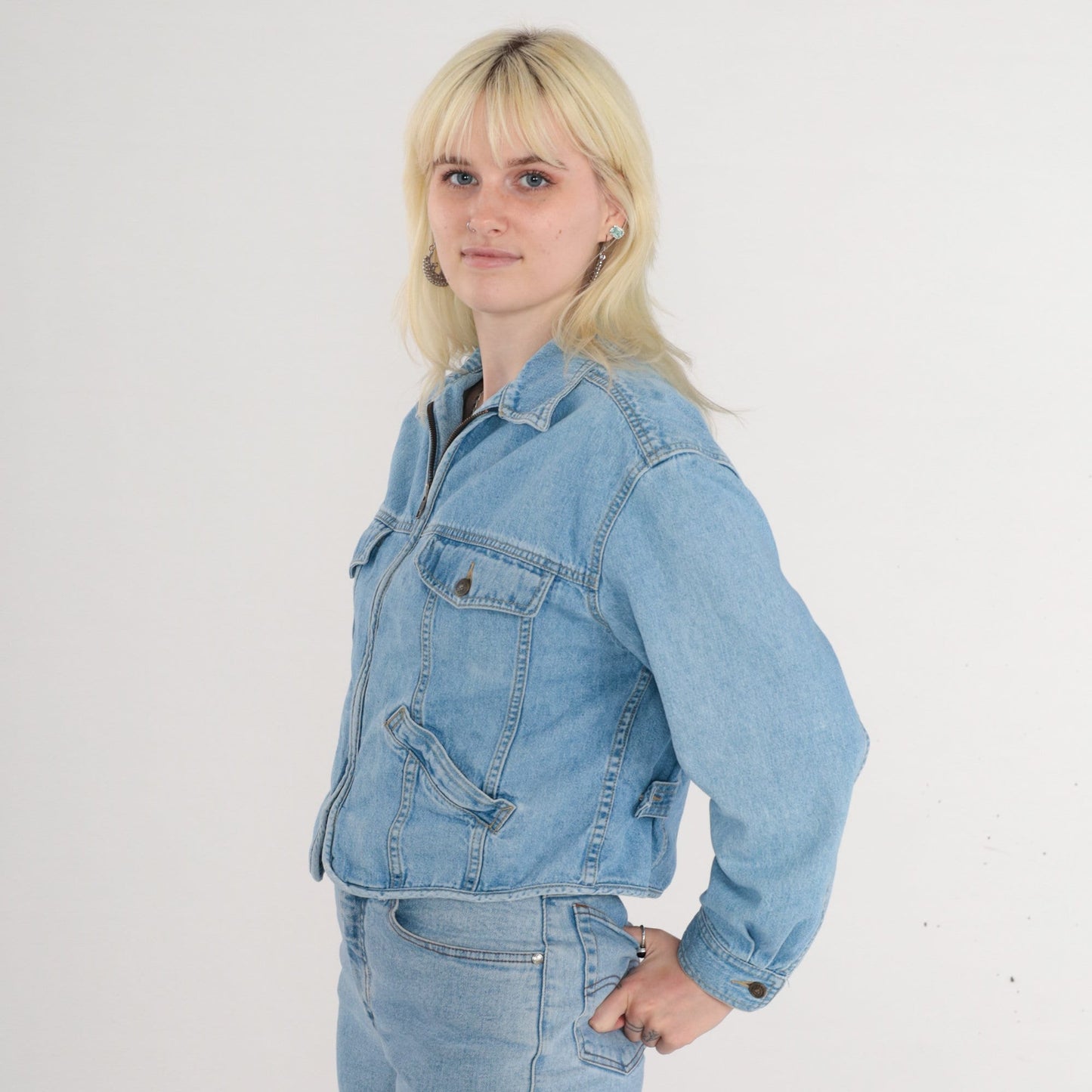 90s Liz Wear Cropped Denim Jacket Blue Zip-Up Medium