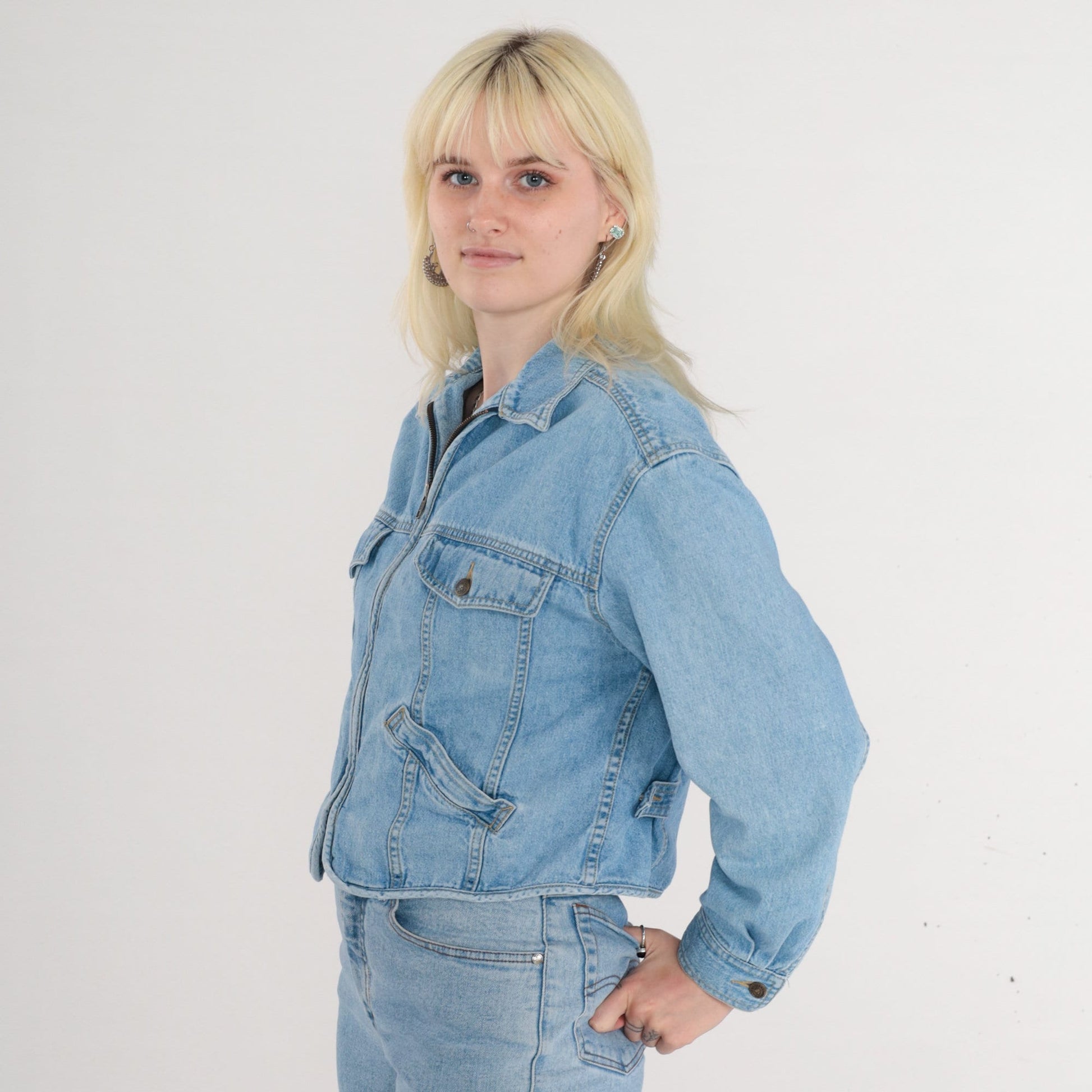90s Liz Wear Cropped Denim Jacket Blue Zip-Up Medium