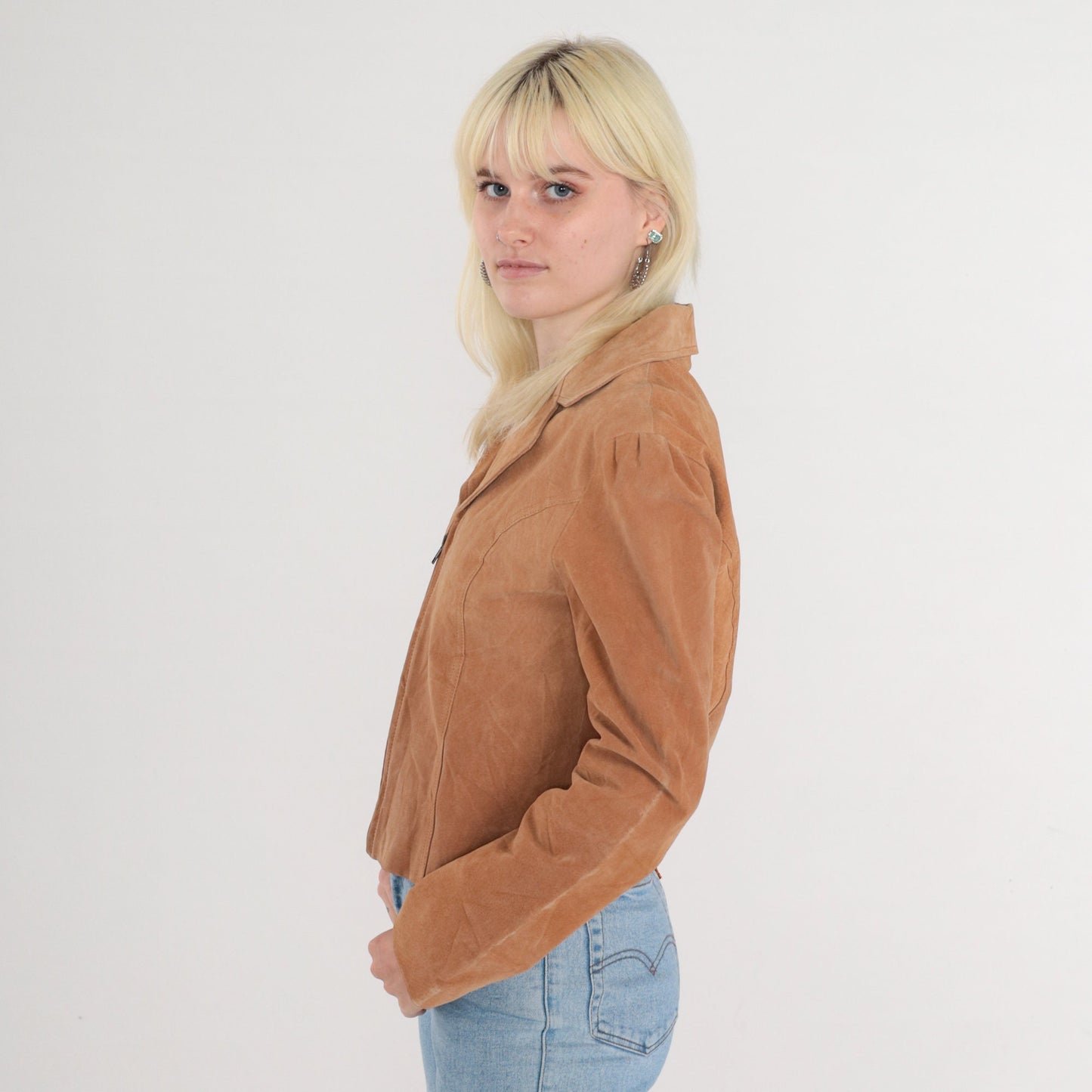 90s Tan Suede Zip Jacket Moto Blazer Leather Small