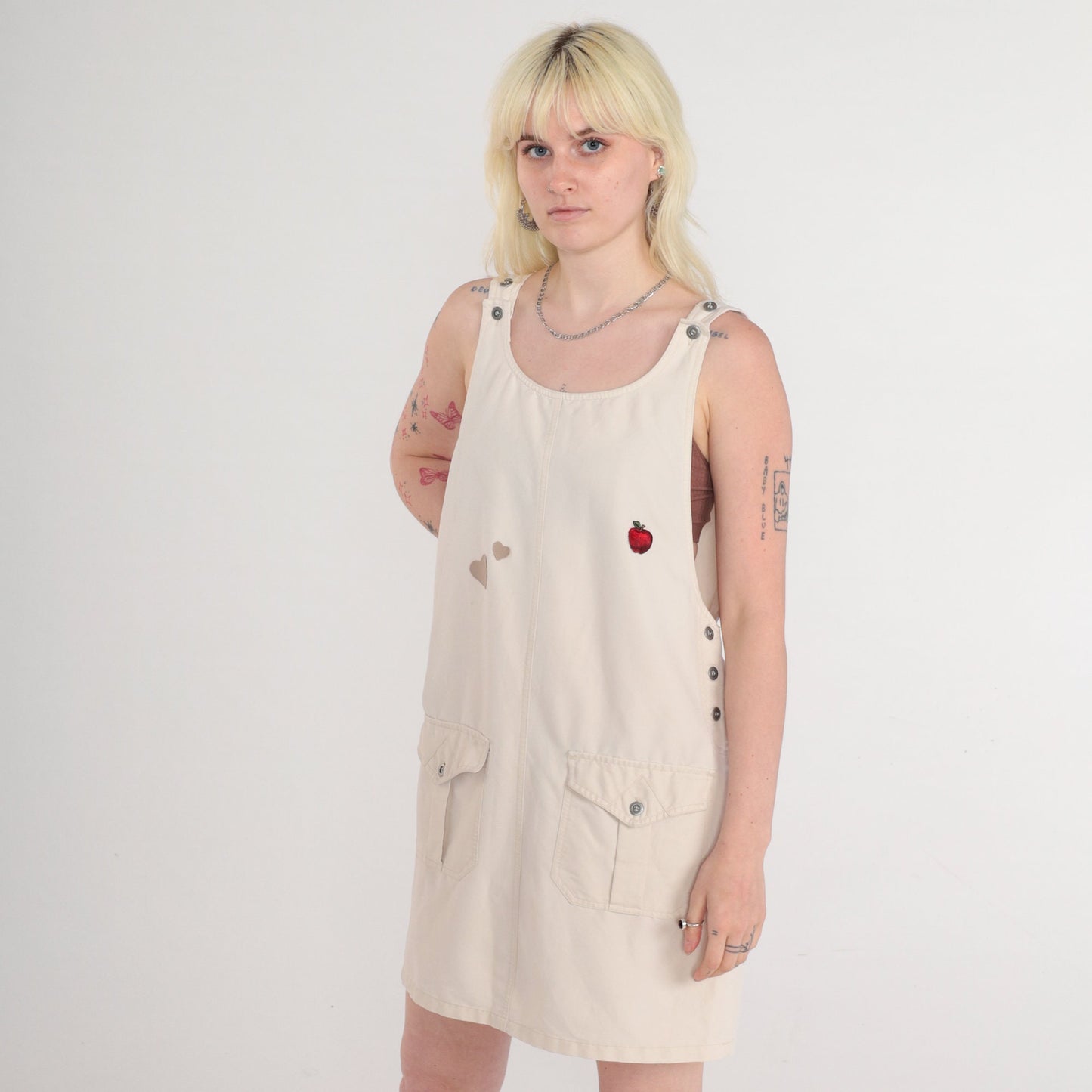 90s Beige Jumper Dress Heart Apple Print Sleeveless Mini Medium