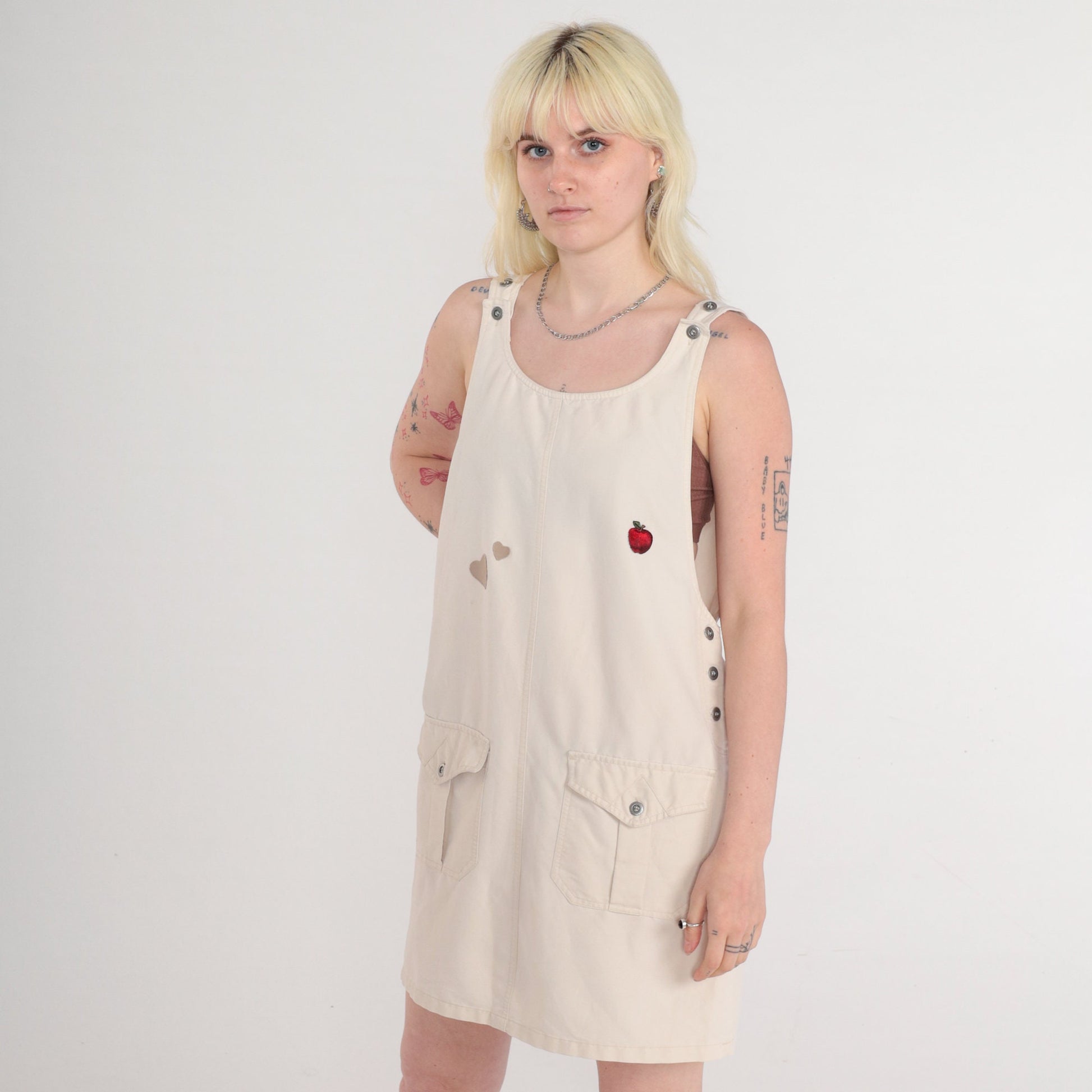 90s Beige Jumper Dress Heart Apple Print Sleeveless Mini Medium