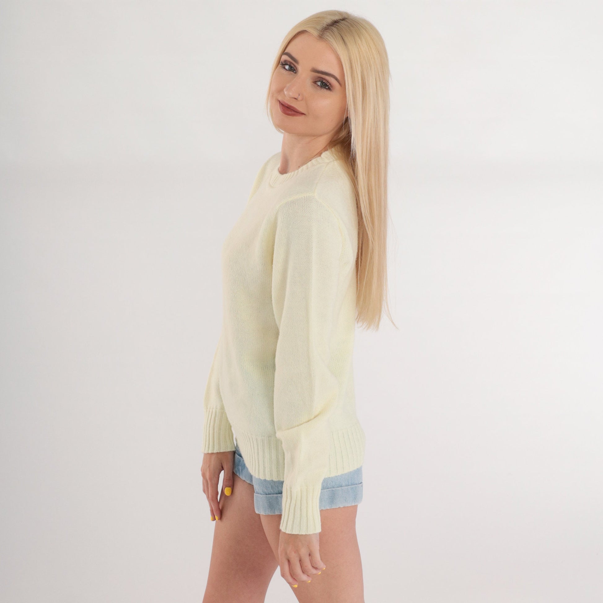 70s Cream Acrylic Knit Crewneck Pullover Sweater Small S