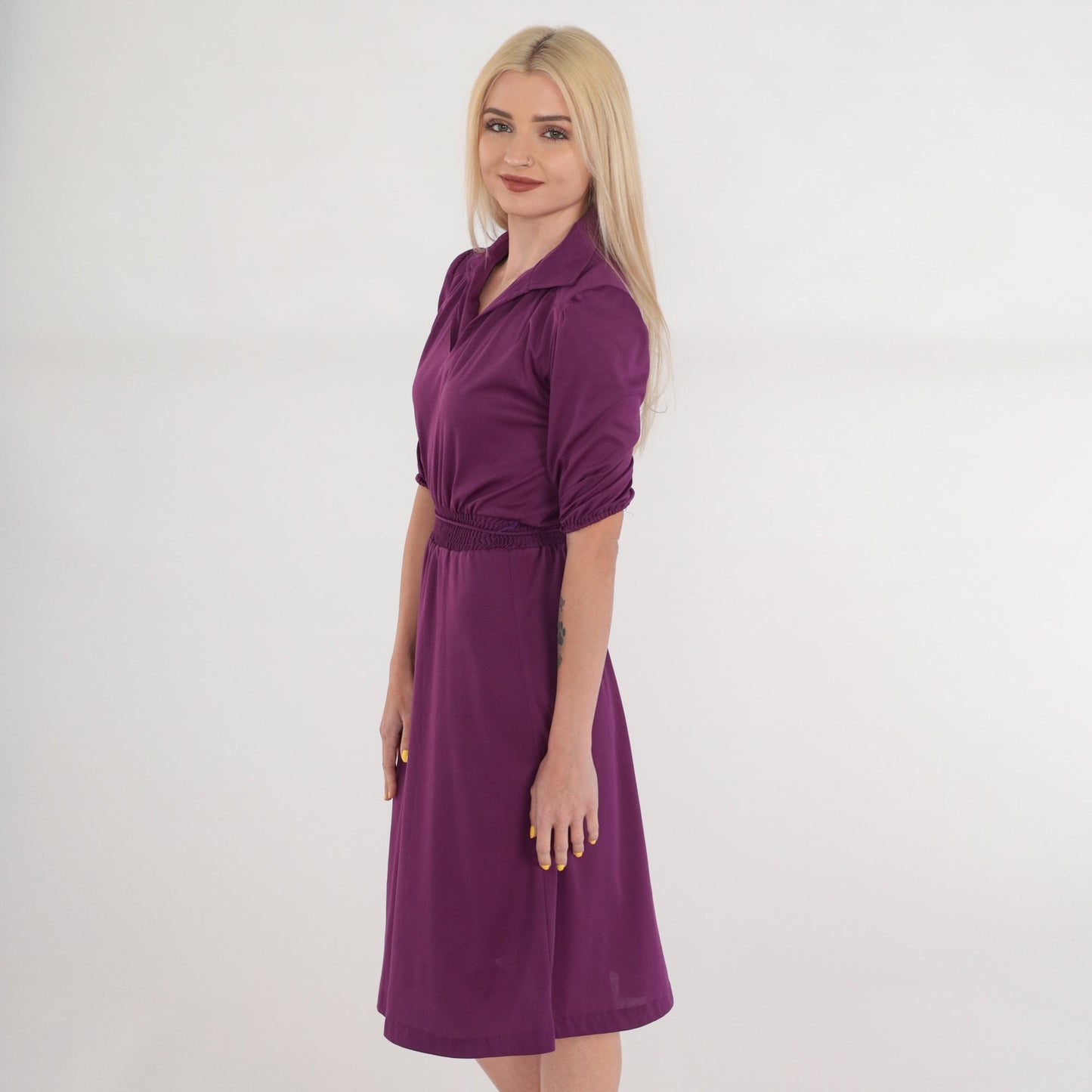 70s Purple Midi Dress Puff Sleeve Collared V-Neck Smocked Waist XS