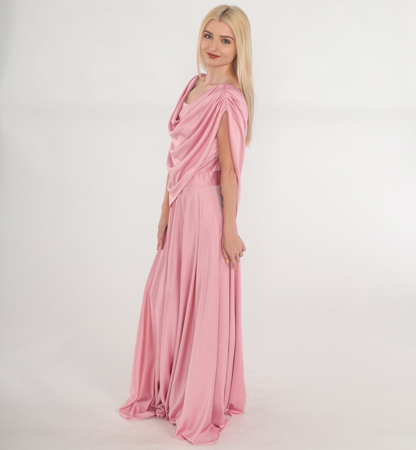 70s Pink Grecian Maxi Dress Off-Shoulder Draped Gown Medium Tall