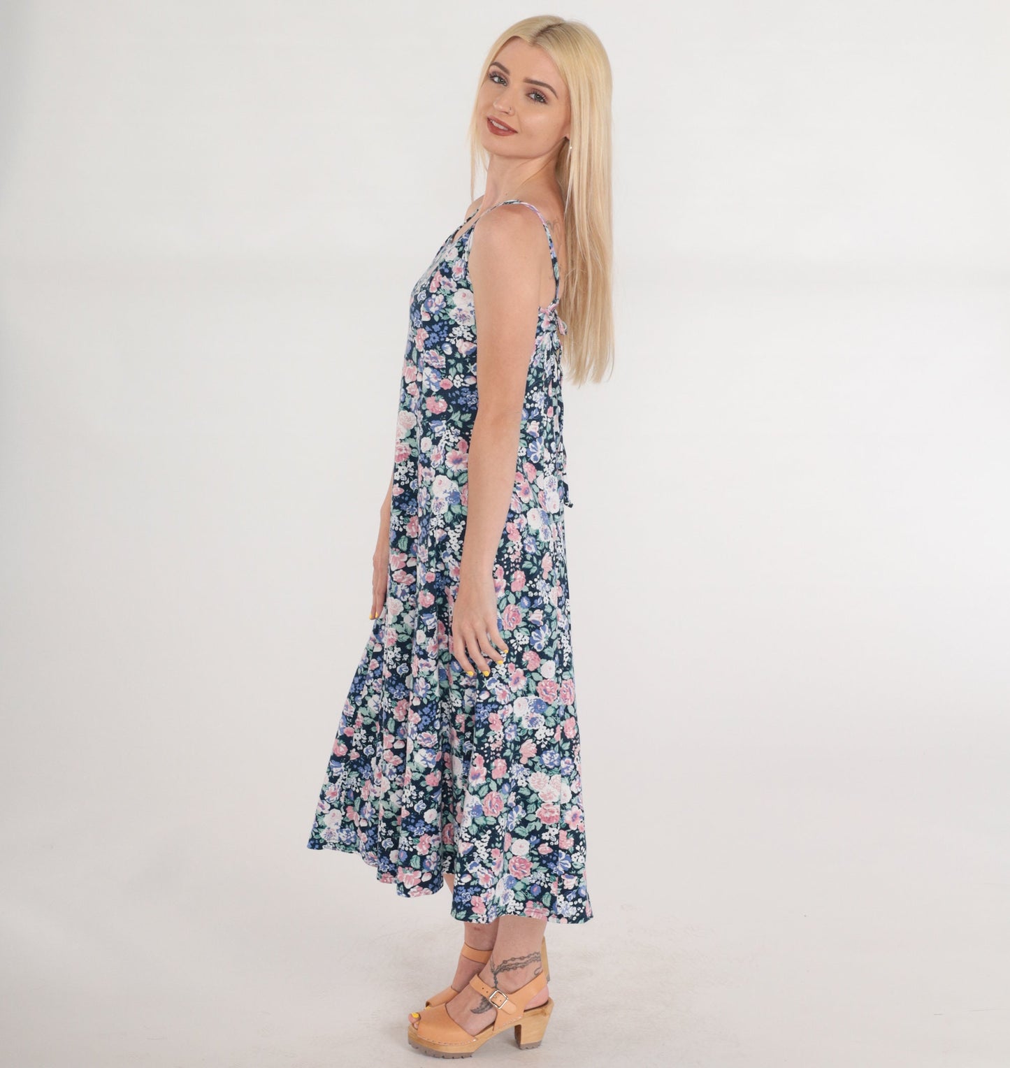 90s Navy Floral Midi Sundress Sleeveless Empire Waist Spaghetti Strap Medium M