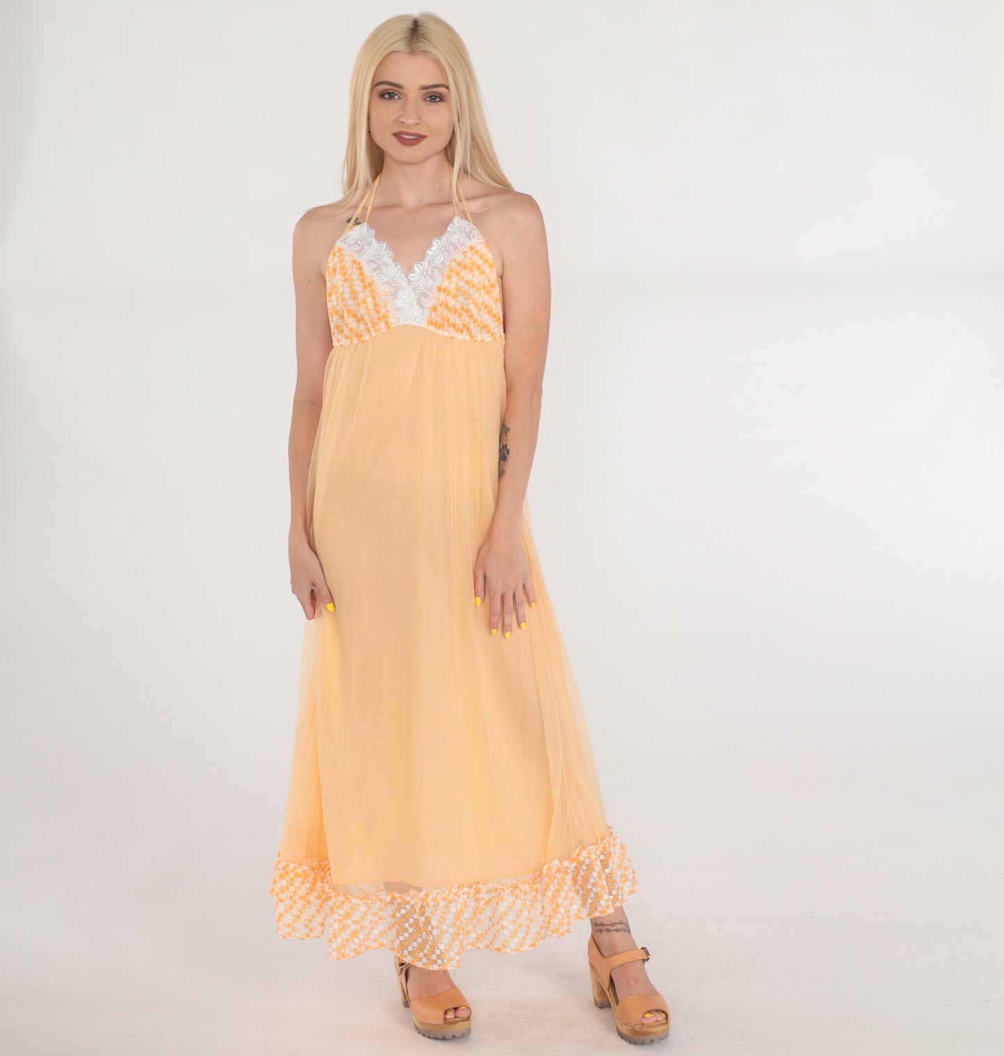 70s Orange Halter Maxi Slip Dress Empire Waist Lace Trim Small