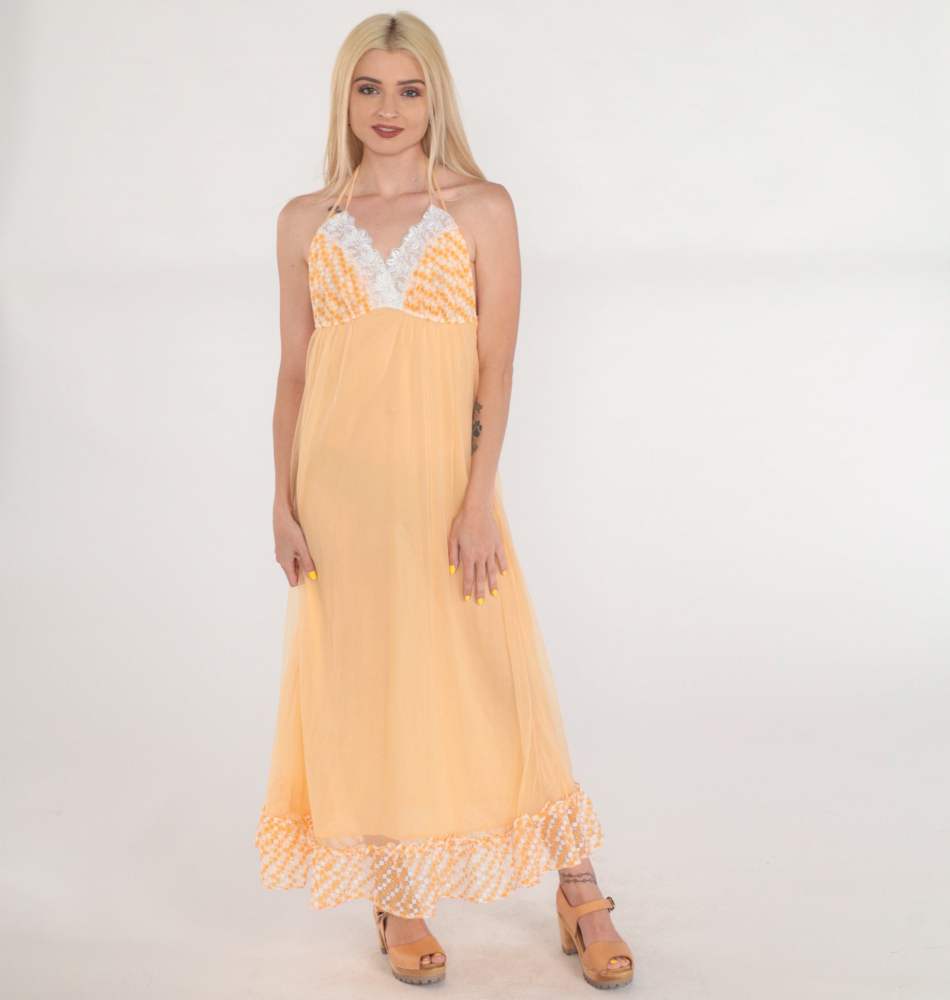 70s Orange Halter Maxi Slip Dress Empire Waist Lace Trim Small