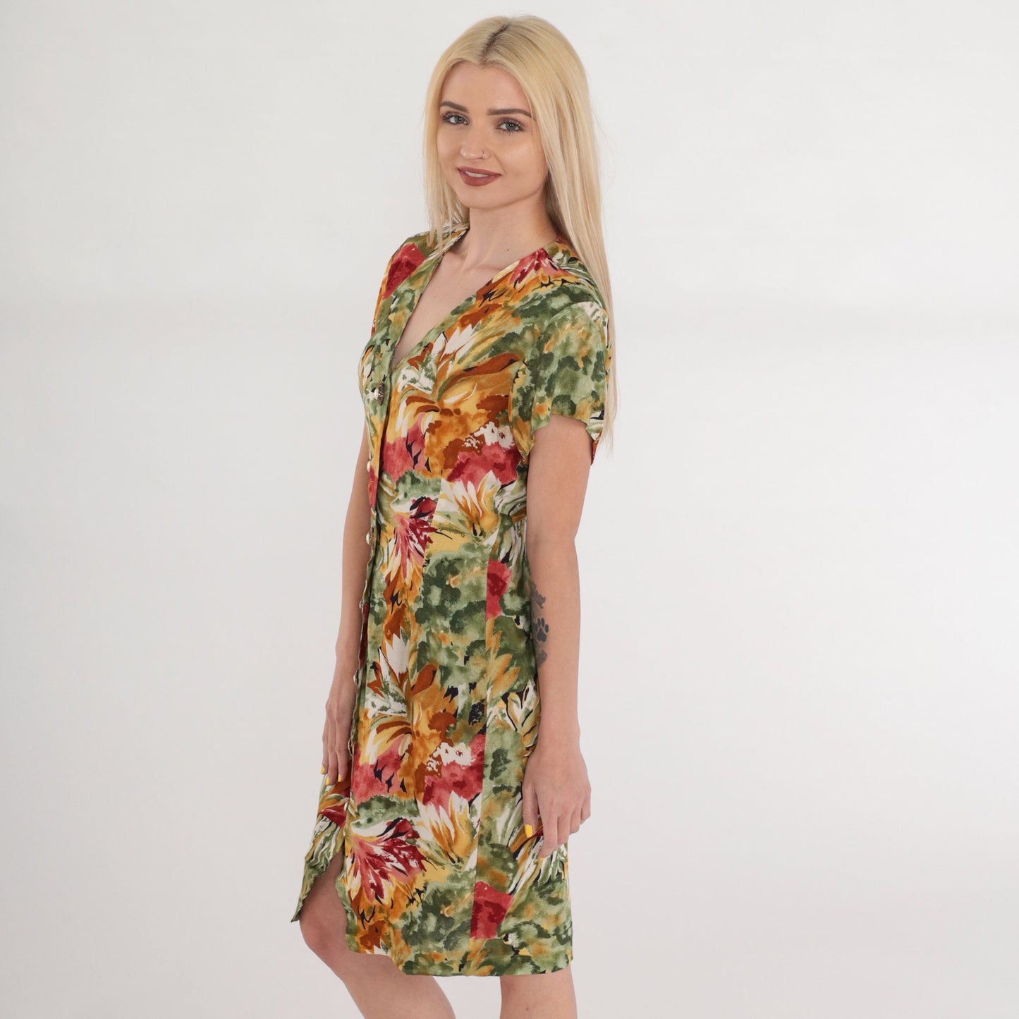 90s La Belle Floral Mini Dress Button-Up V-Neck Sheath Green Red Orange Small