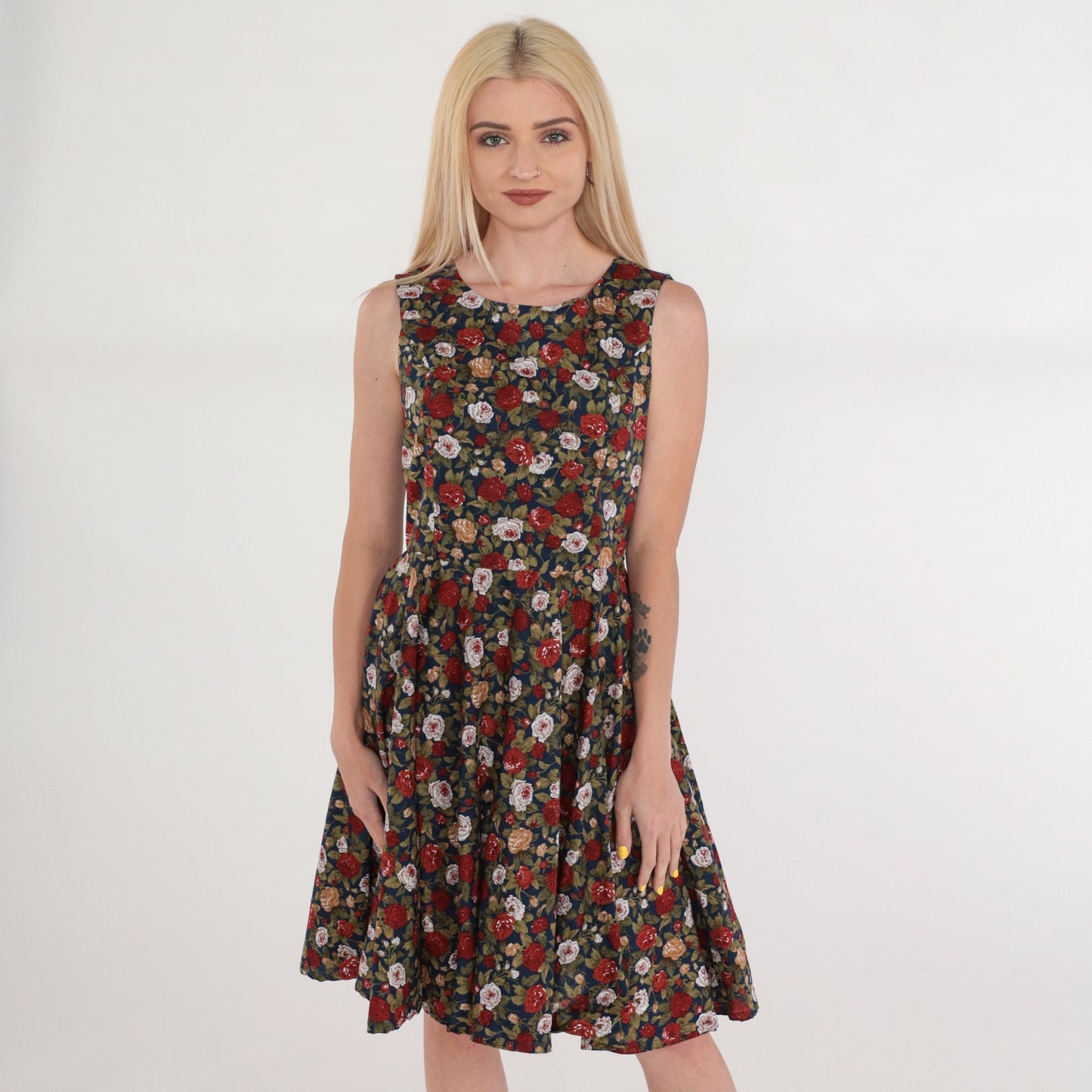 90s Floral Mini Dress Navy Rose Print Sleeveless High Waist Fit Flare Medium