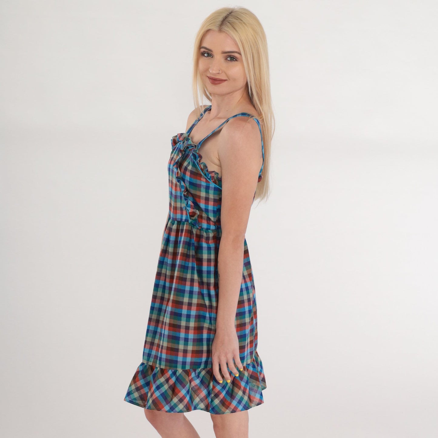 70s Plaid Mini Dress Sleeveless Ruffled Button-Up Blue Green Checkered XS