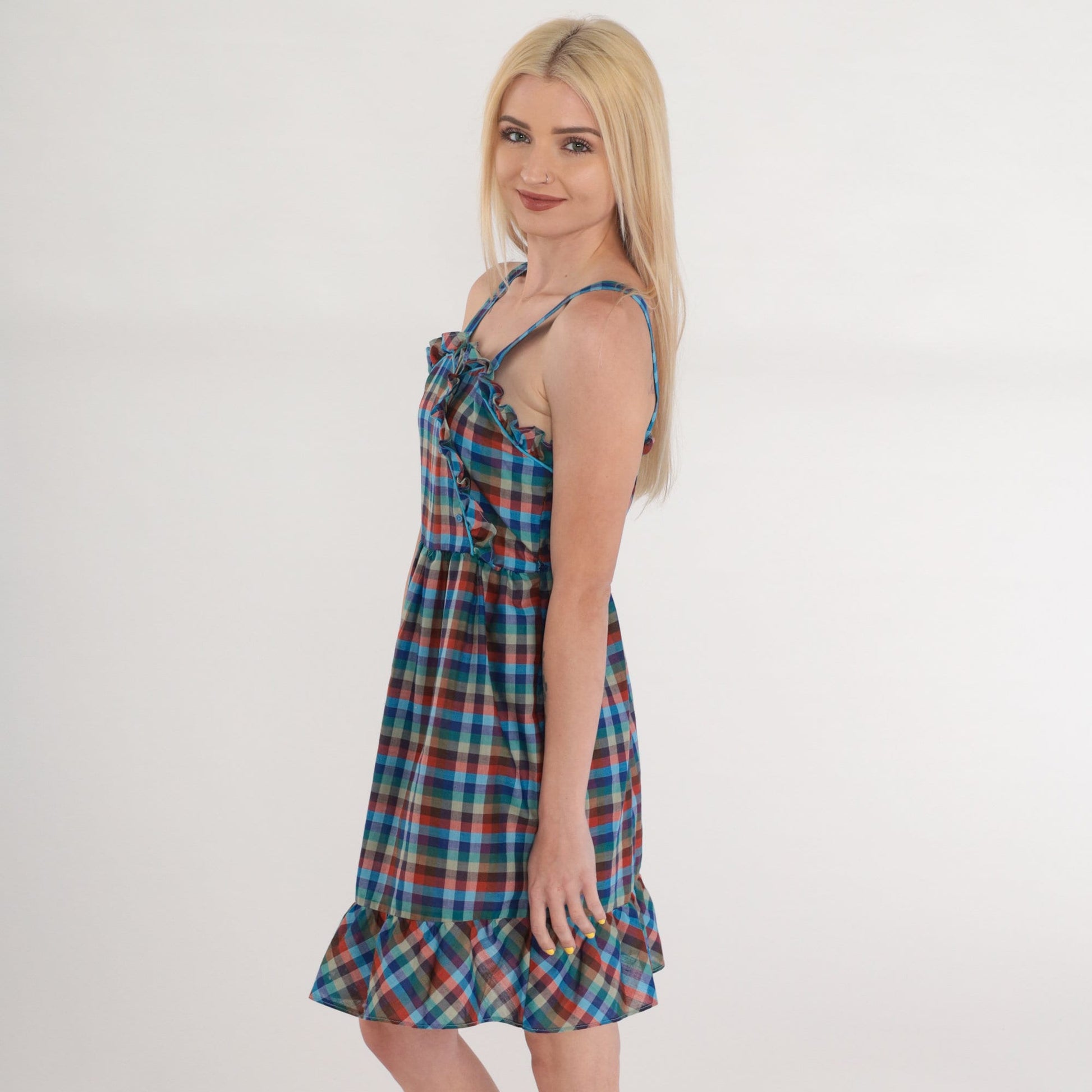 70s Plaid Mini Dress Sleeveless Ruffled Button-Up Blue Green Checkered XS