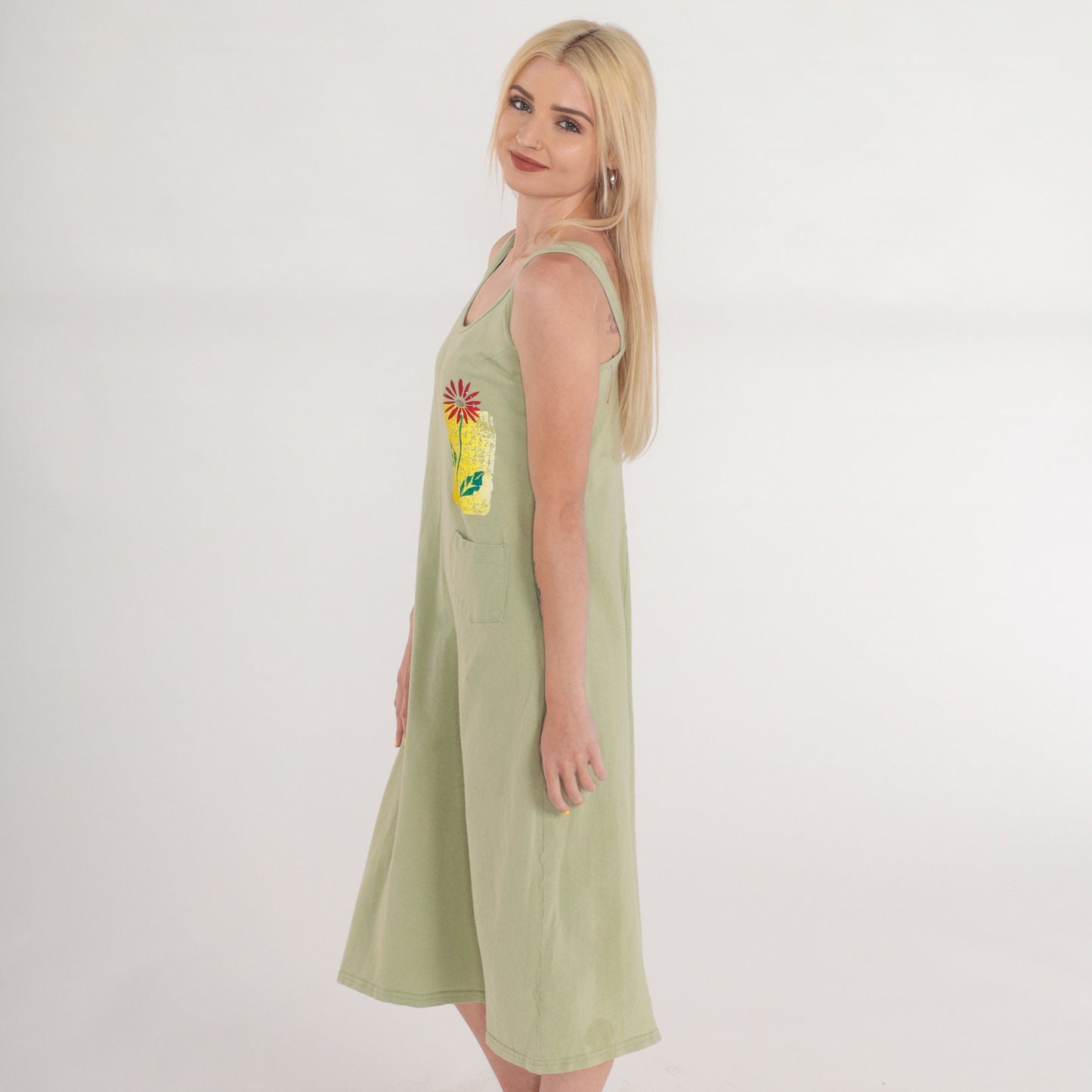 90s Green Floral Midi Sundress Sleeveless Painted Print Pocket Small