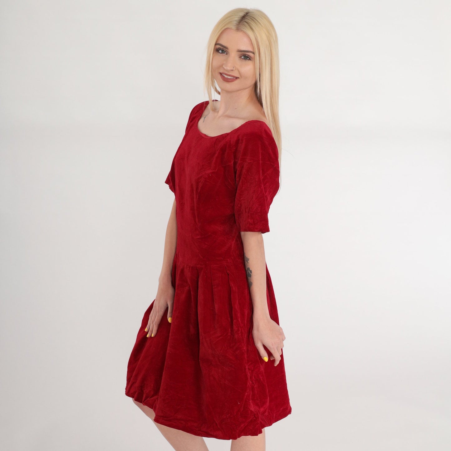 60s Red Velvet Mini Dress High Waist Scoop Back Short Sleeve Extra Large XL