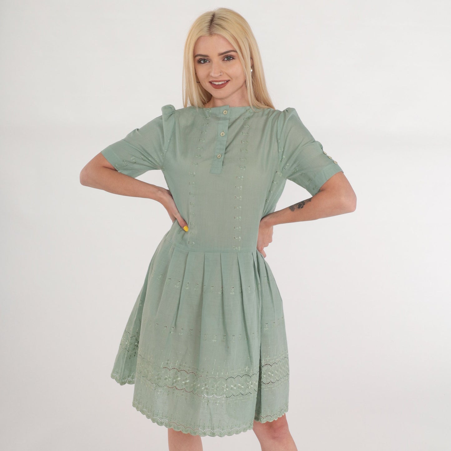 Y2K Green Floral Embroidered Mini Dress Puff Sleeve Criss Cross Back Small
