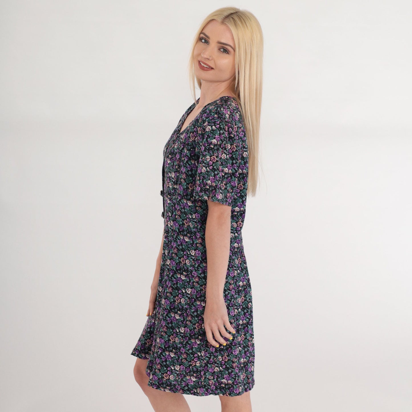 90s Floral Button-Up Romper Wide Leg Shorts Black Purple Medium M