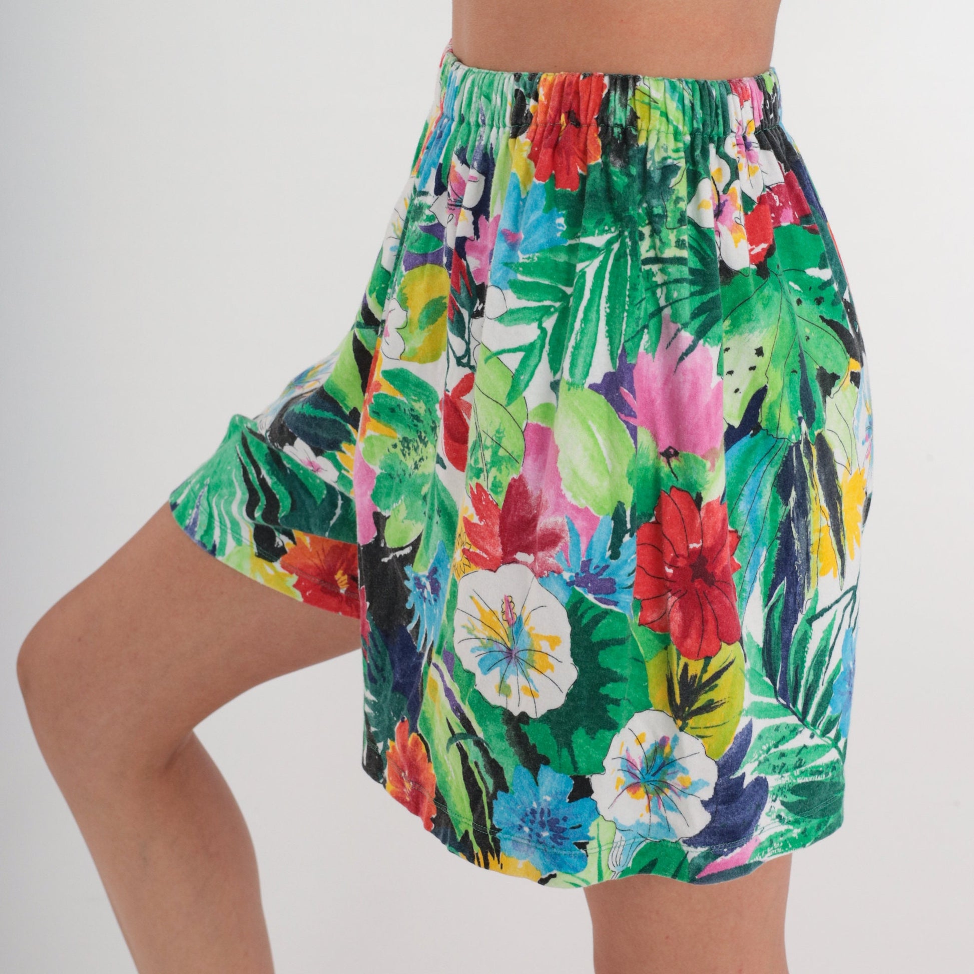 90s Tropical Floral Leaf Print Shorts High Waist Elastic Small Medium