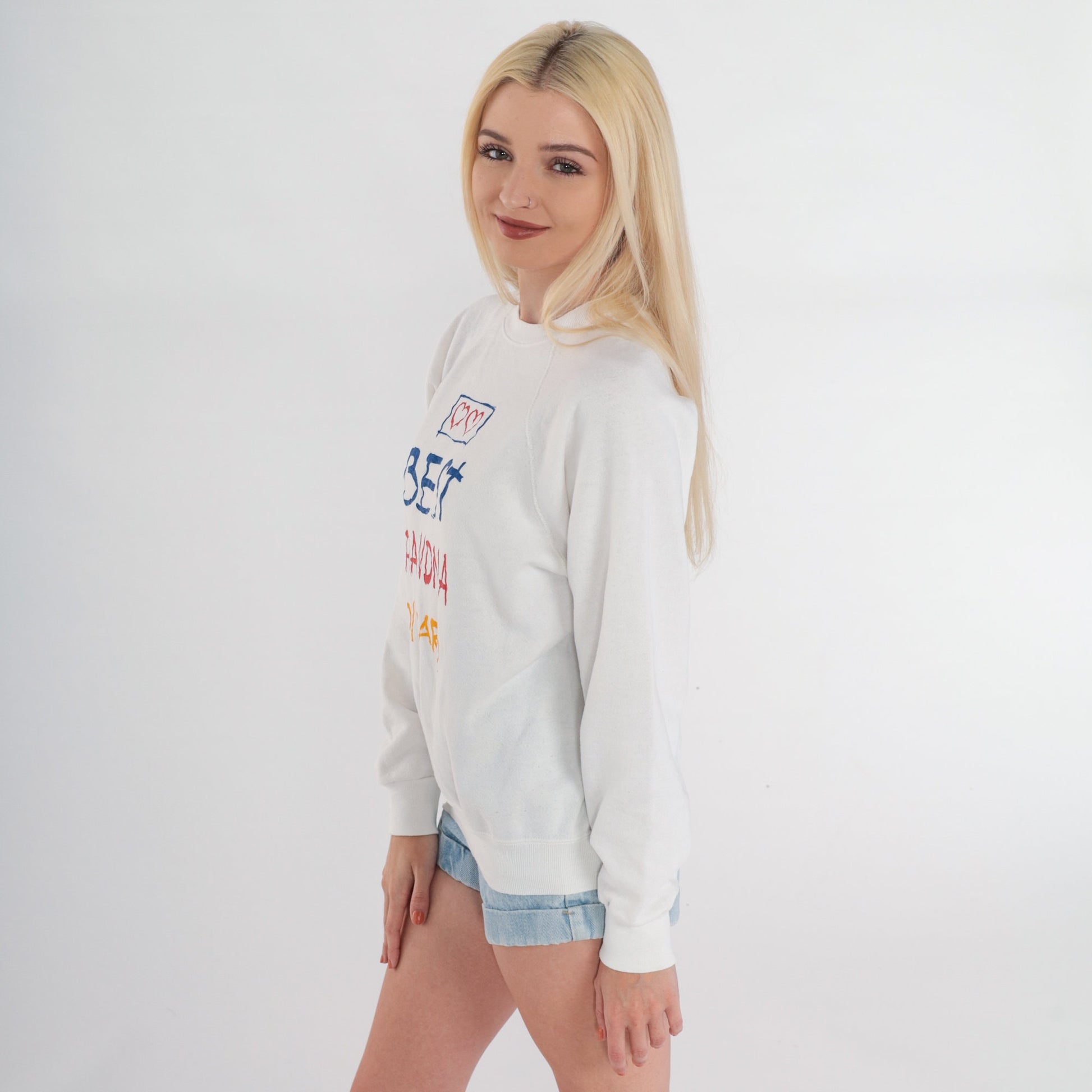 90s Best Grandma On Earth Graphic Sweatshirt White Raglan Small