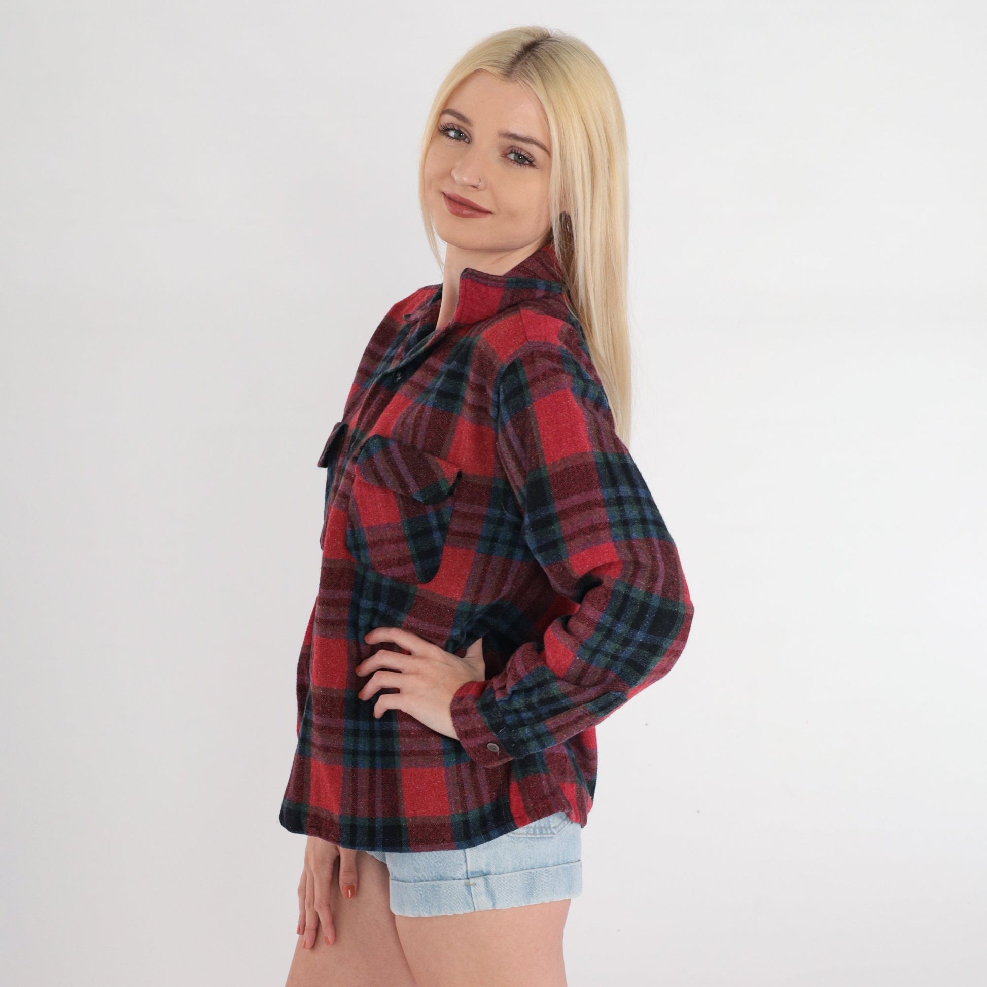 70s Mac Campbell Red Plaid Wool Flannel Button-Up Shirt Medium