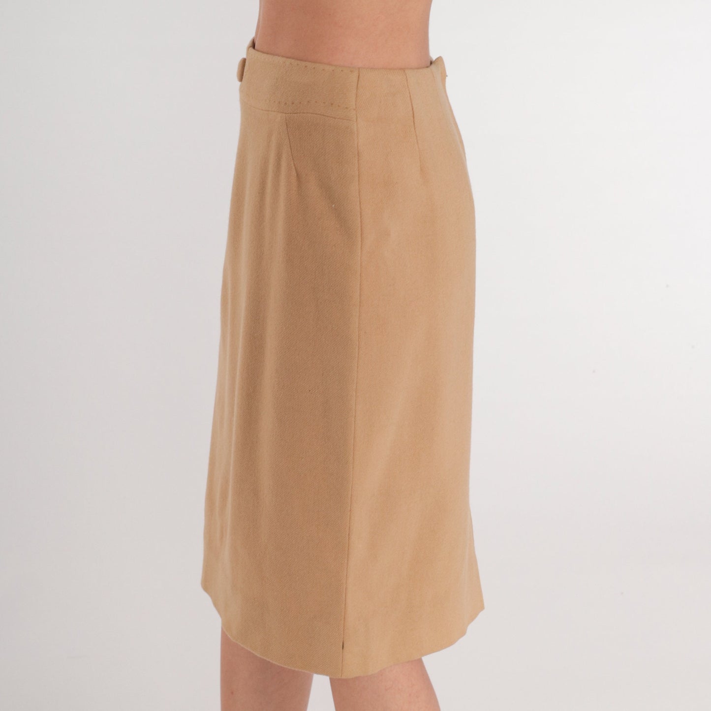 70s Tan Wool Midi Skirt High Waisted Pencil A-Line Small