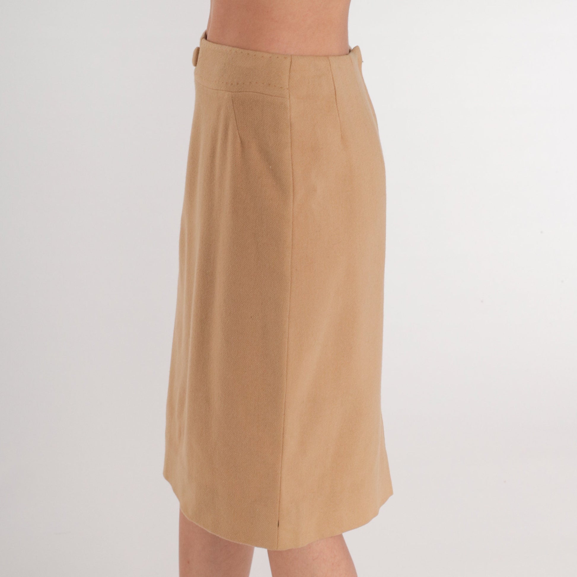 70s Tan Wool Midi Skirt High Waisted Pencil A-Line Small