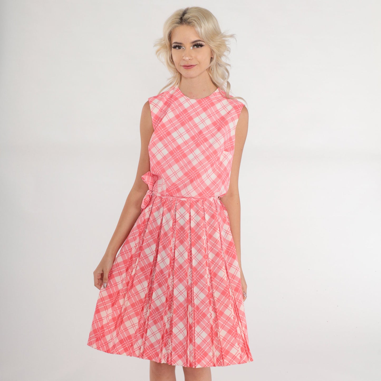 60s Pink Plaid Mini Dress Sleeveless High Waist Pleated Sundress Extra Small
