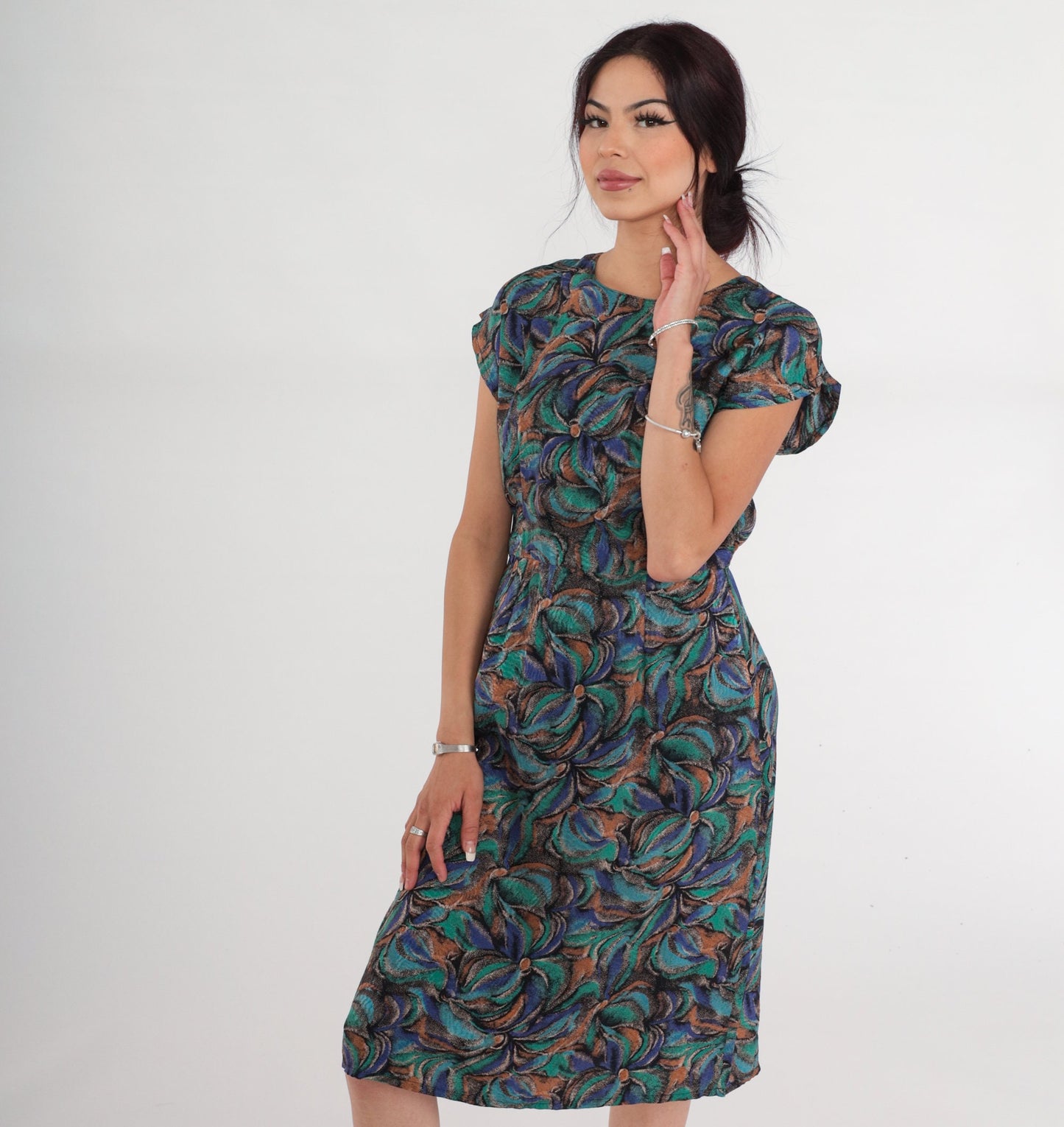 80s Silk Floral Midi Dress Cap Sleeve High Waist Abstract Print Small