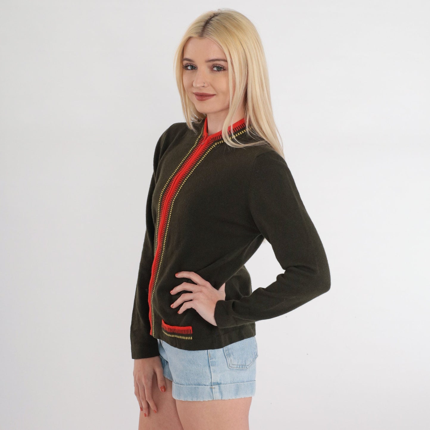 80s Olive Green Wool Cardigan Red Trim Zip Up Sweater Small S