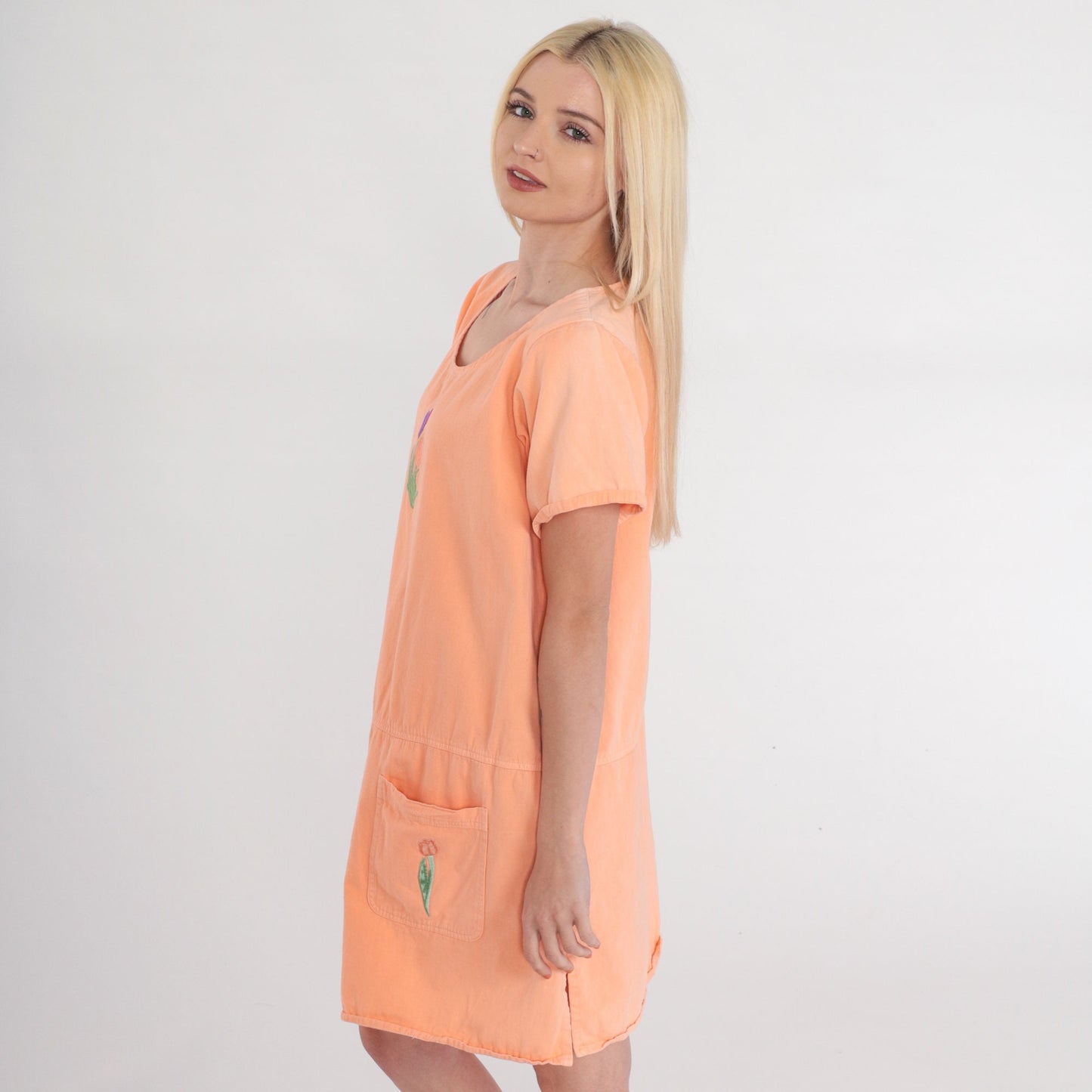 90s Tulip Embroidered Mini Dress Peach Orange Cotton Shift Pockets Medium M