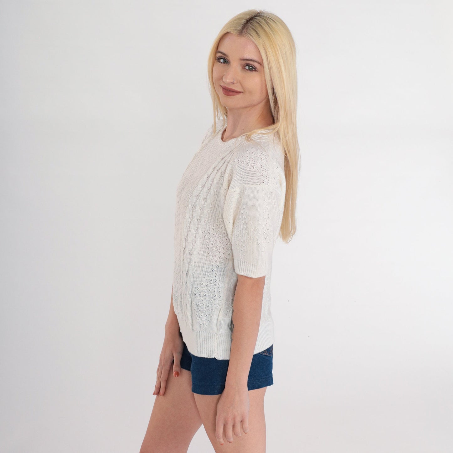 80s White Cable Knit Pointelle Cutout Short Sleeve Sweater Top Small Medium