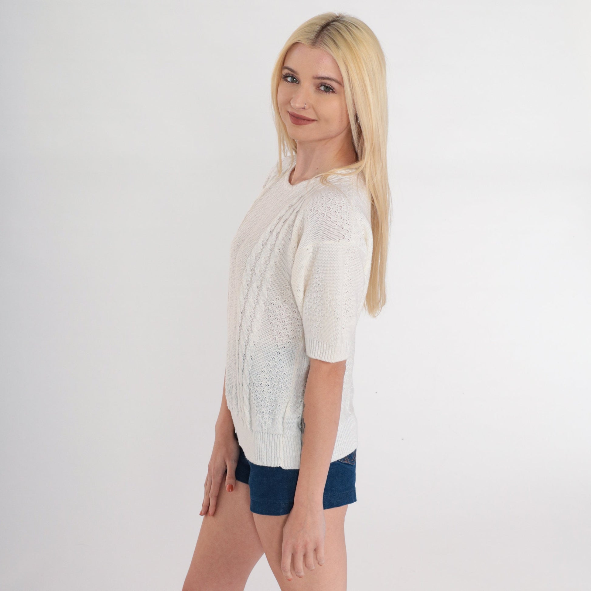 80s White Cable Knit Pointelle Cutout Short Sleeve Sweater Top Small Medium