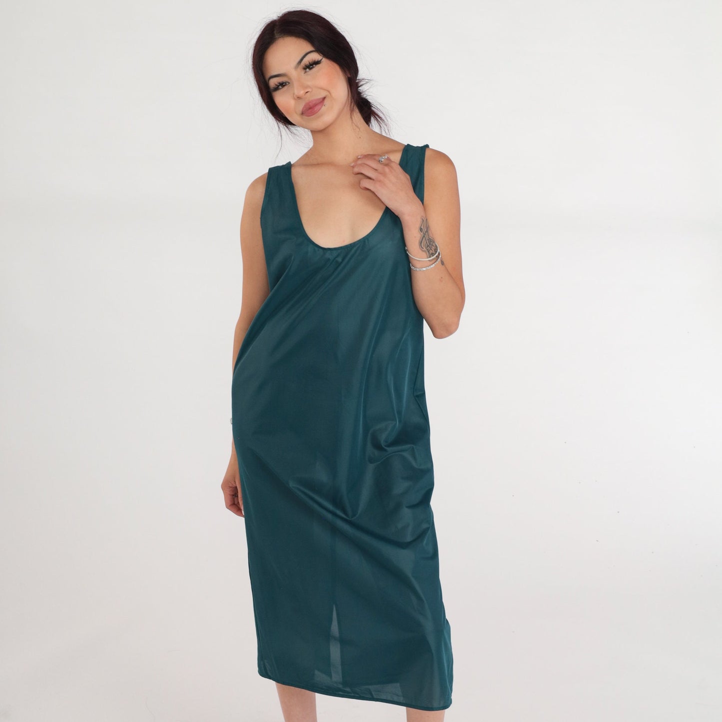 90s Green Semi Sheer Slip Dress Midi Tank Sleeveless Shift Medium