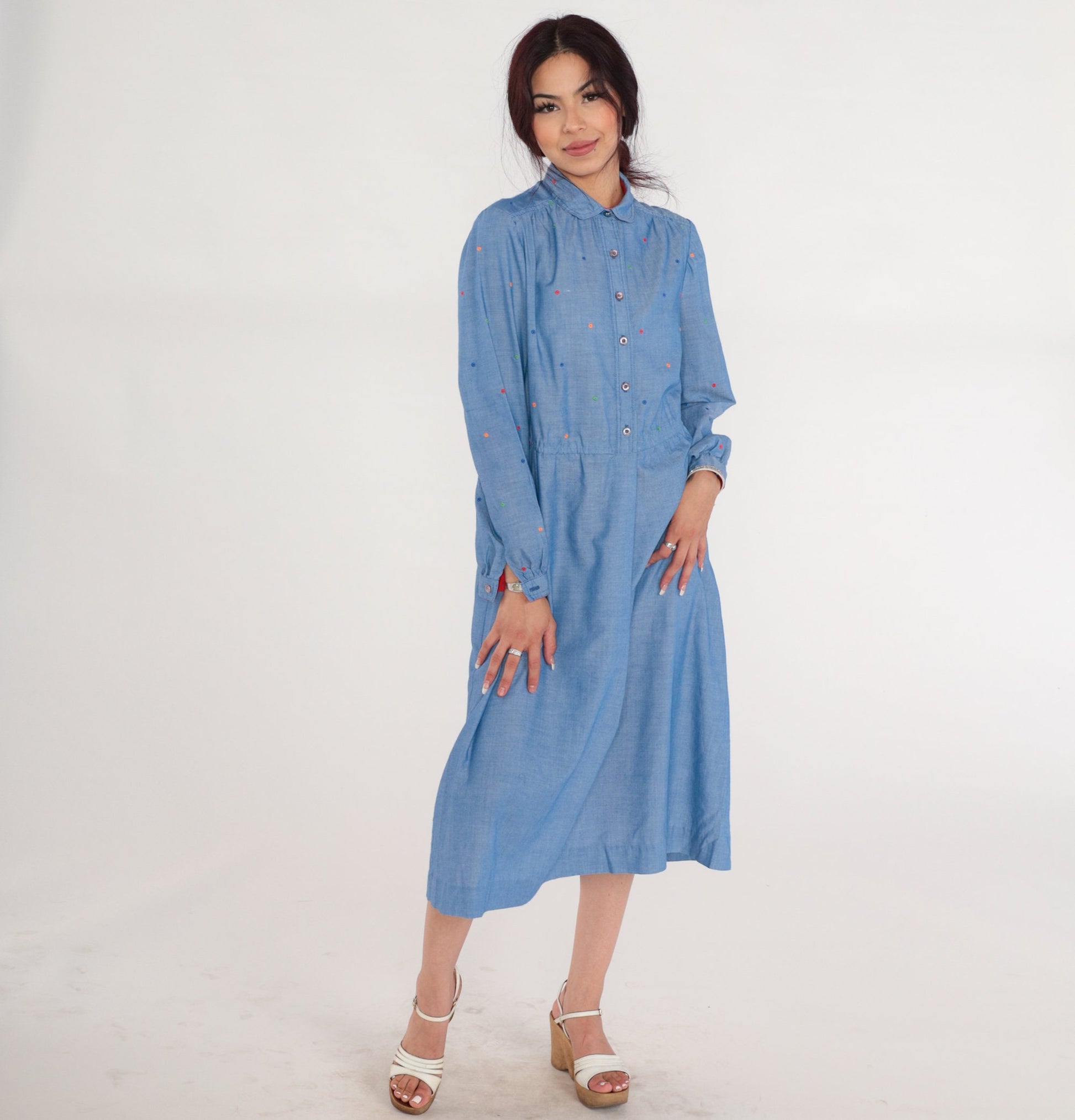 70s Blue Chambray Polka Dot Midi Dress Peter Pan Collar High Waisted Medium Large