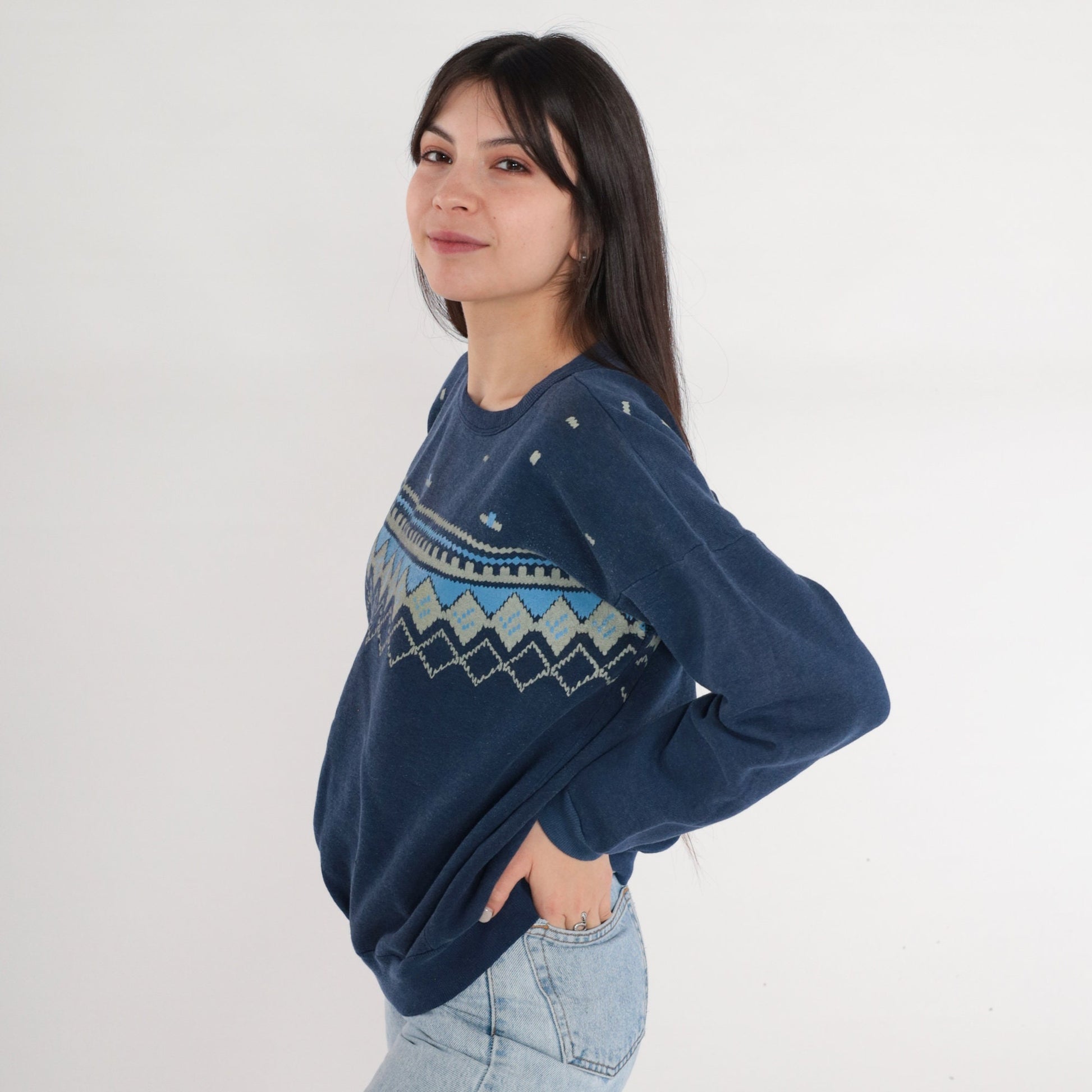90s Navy Geometric Diamond Print Crewneck Sweatshirt Medium Large