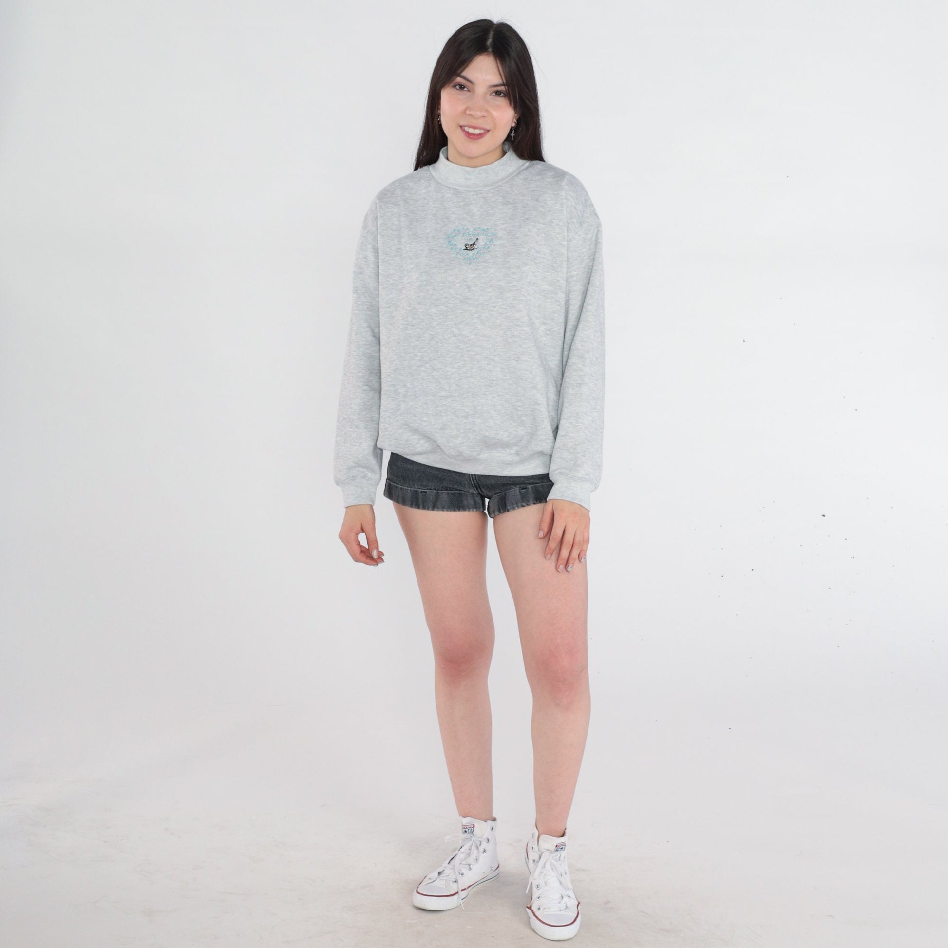 90s Bird Embroidered Sweatshirt Grey Floral Heart Mock Neck Medium